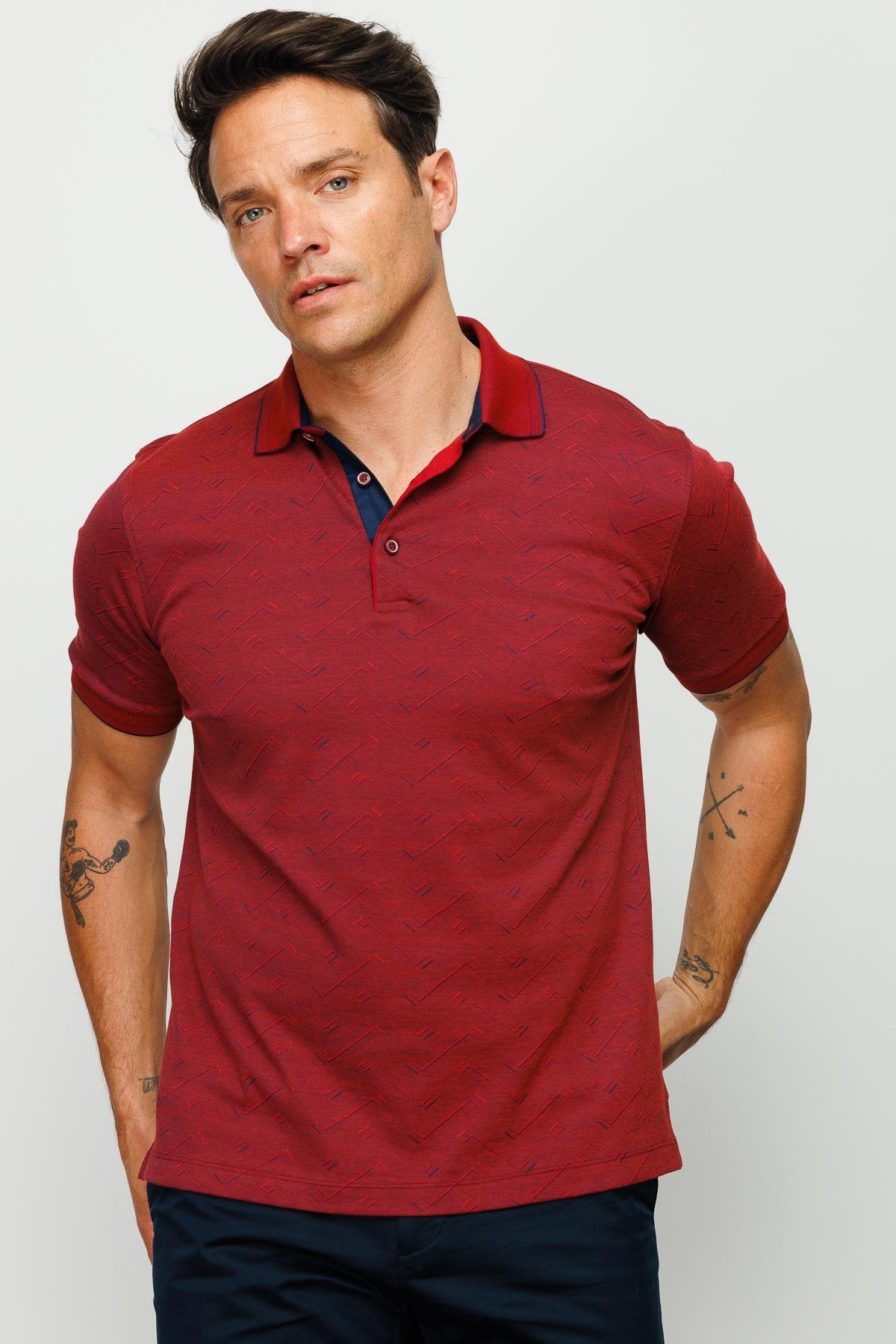 805Erkek Polo Yaka Jakarlı Düğmeli T-shirt Bordo
