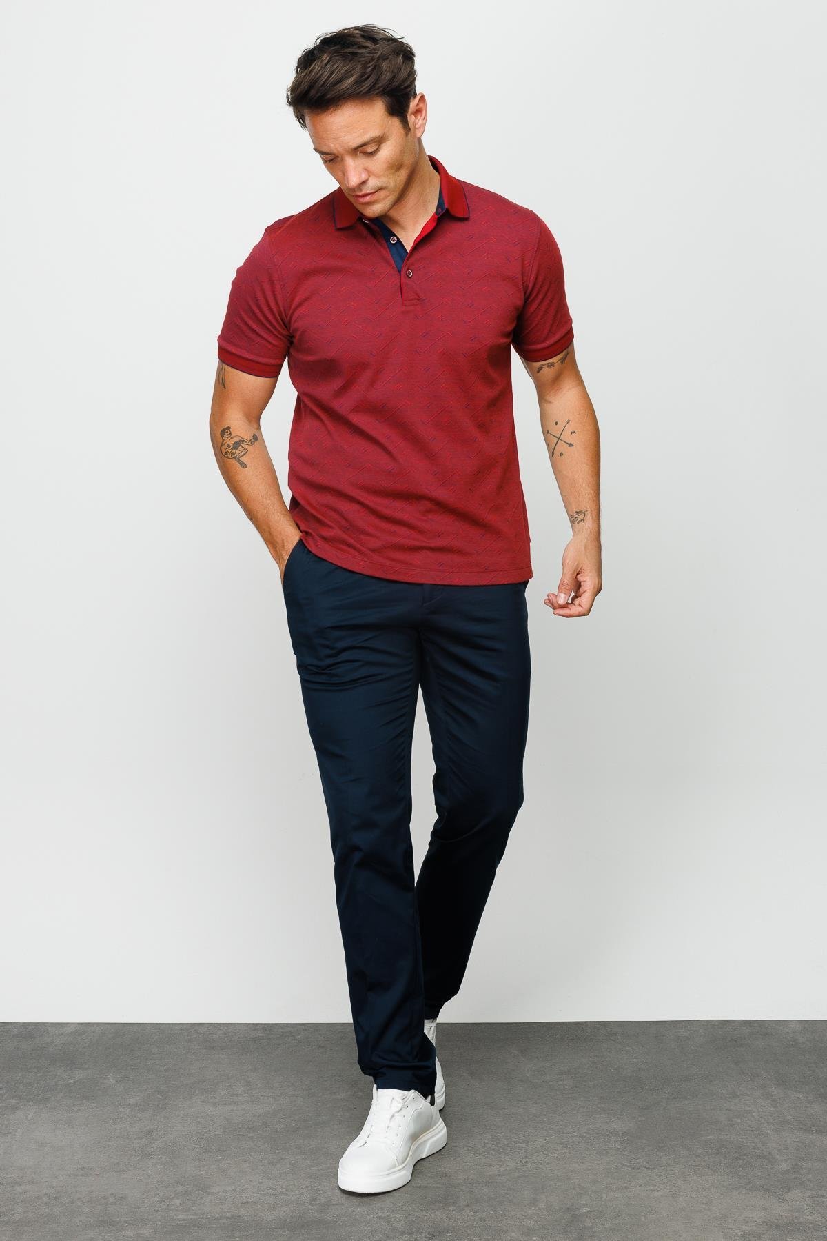 805Erkek Polo Yaka Jakarlı Düğmeli T-shirt Bordo
