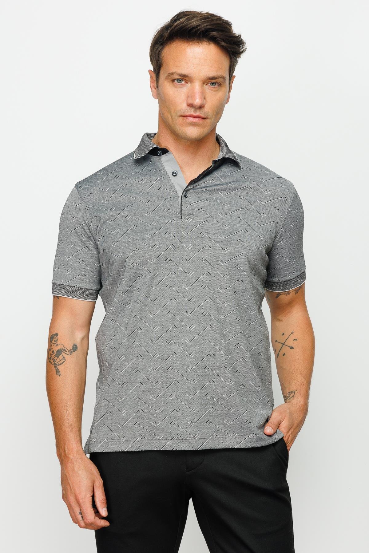 805Erkek Polo Yaka Jakarlı Düğmeli T-shirt Siyah