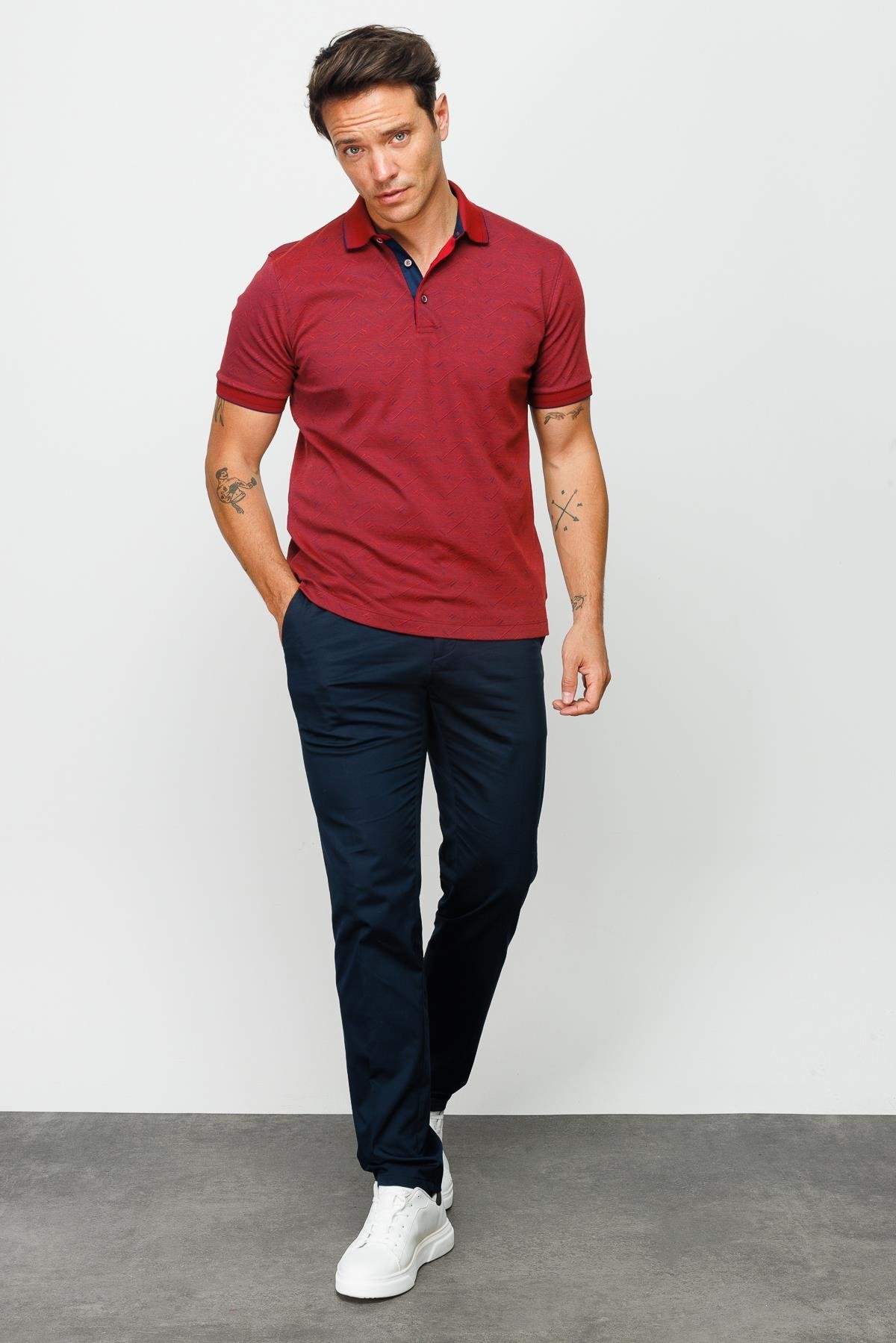 805Erkek Polo Yaka Jakarlı Düğmeli T-shirt Bordo