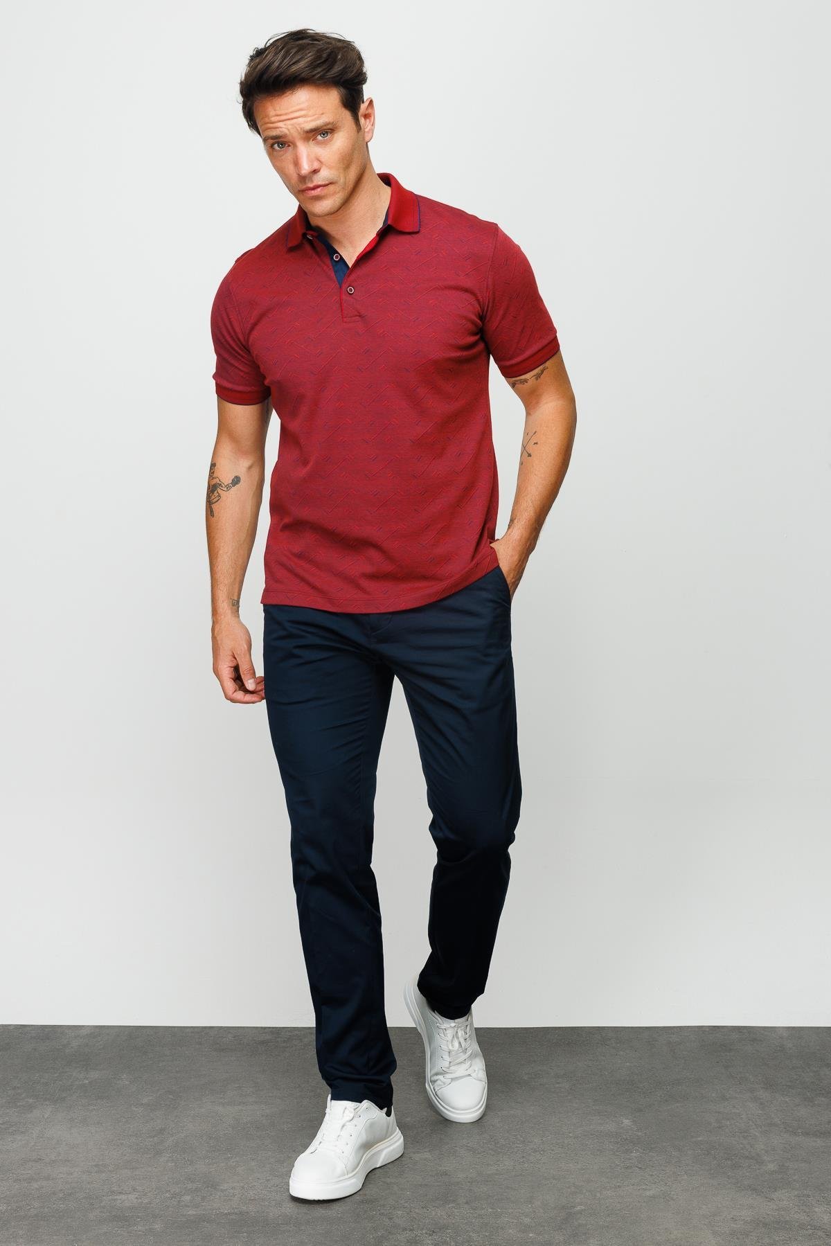 805Erkek Polo Yaka Jakarlı Düğmeli T-shirt Bordo
