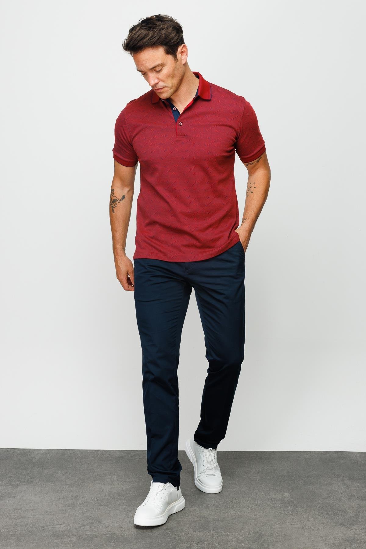 805Erkek Polo Yaka Jakarlı Düğmeli T-shirt Bordo