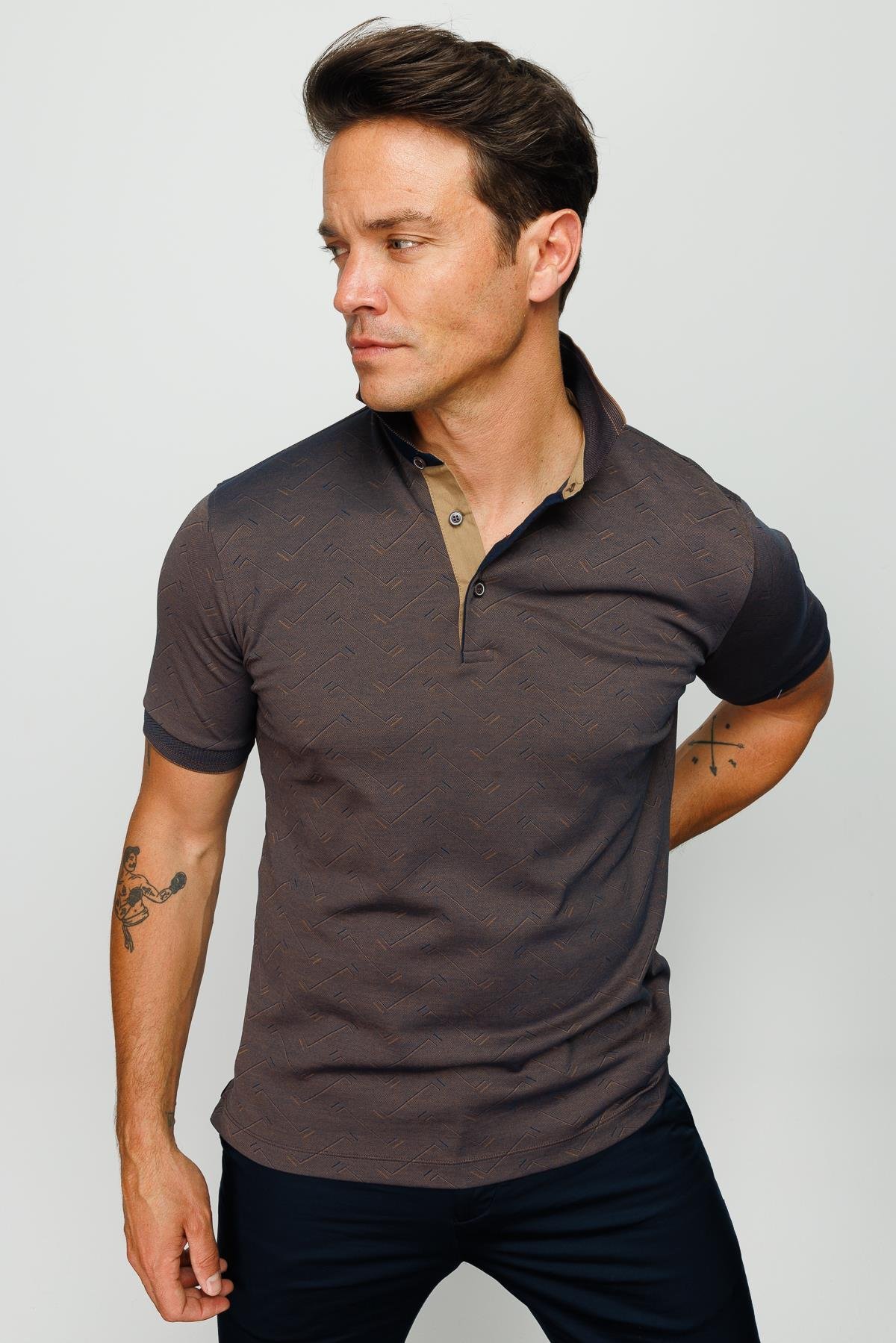 805Erkek Polo Yaka Jakarlı Düğmeli T-shirt Kahve