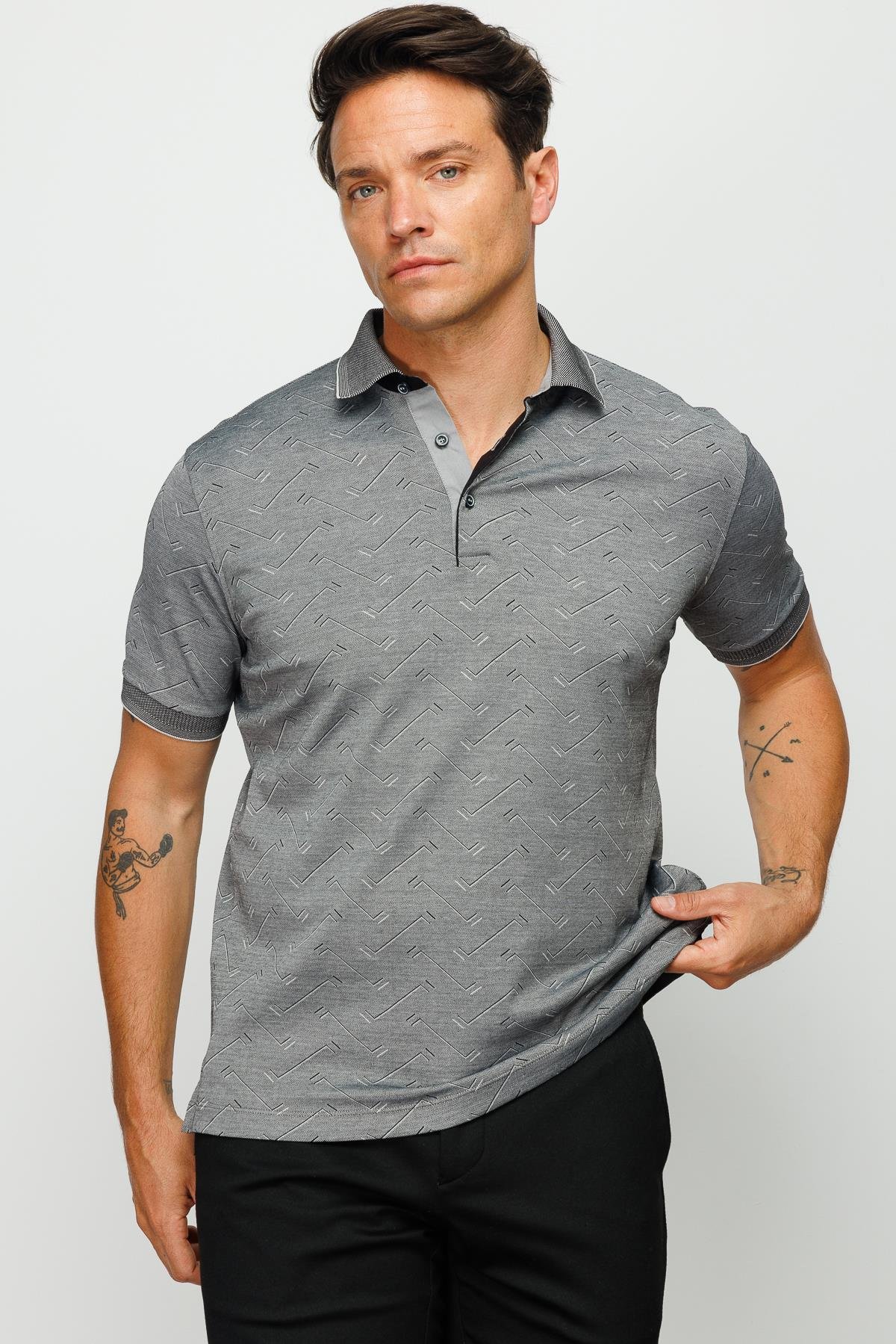 805Erkek Polo Yaka Jakarlı Düğmeli T-shirt Siyah