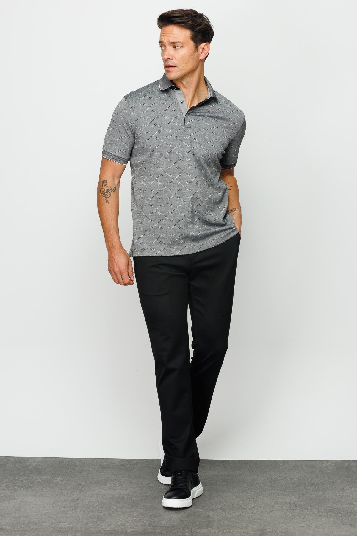 805Erkek Polo Yaka Jakarlı Düğmeli T-shirt Siyah