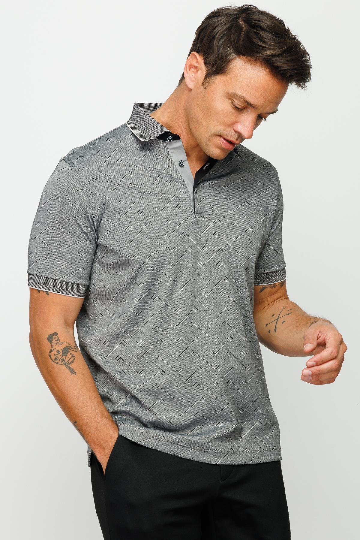 805Erkek Polo Yaka Jakarlı Düğmeli T-shirt Siyah