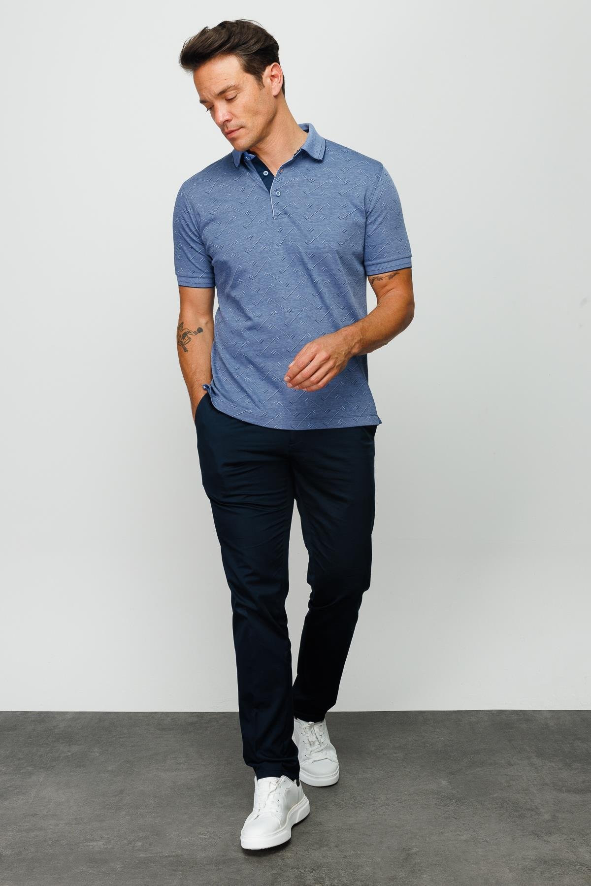 805Erkek Polo Yaka Jakarlı Düğmeli T-shirt Lacivert