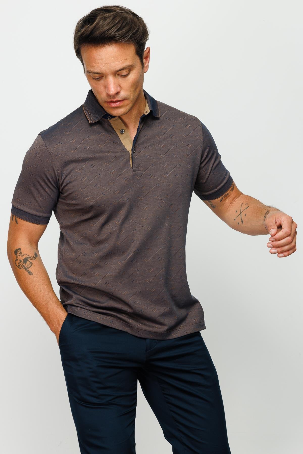 805Erkek Polo Yaka Jakarlı Düğmeli T-shirt Kahve