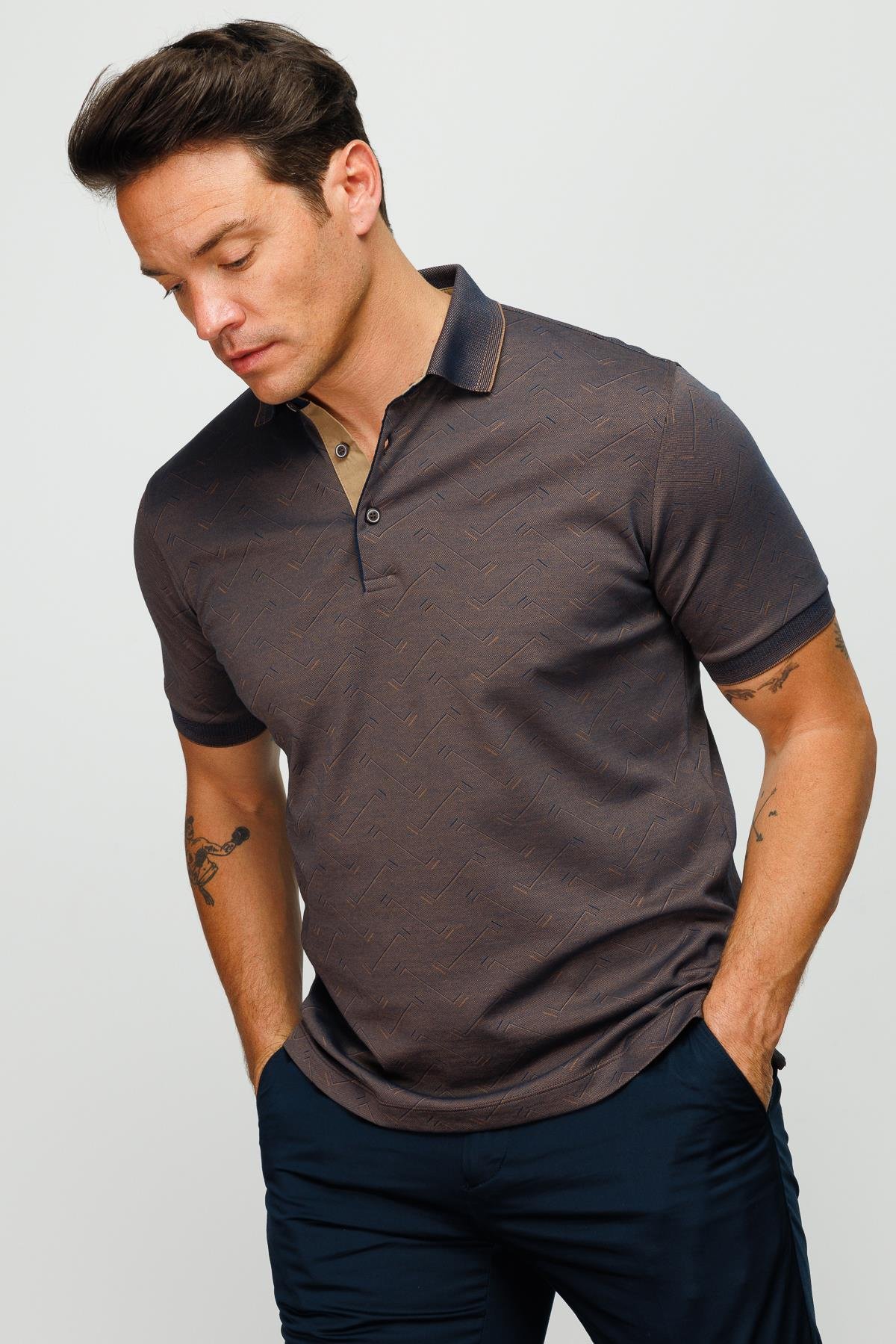805Erkek Polo Yaka Jakarlı Düğmeli T-shirt Kahve