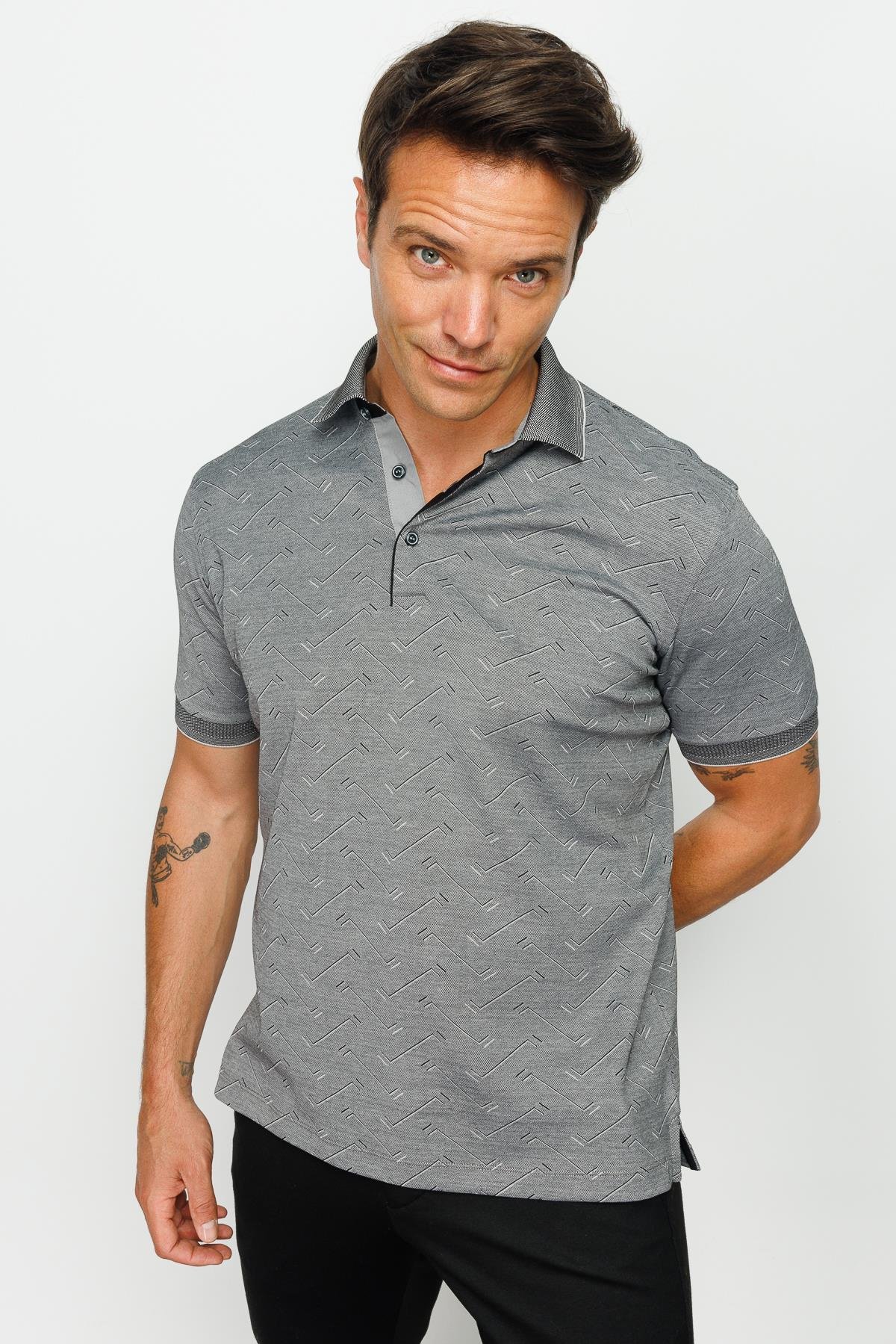 805Erkek Polo Yaka Jakarlı Düğmeli T-shirt Siyah