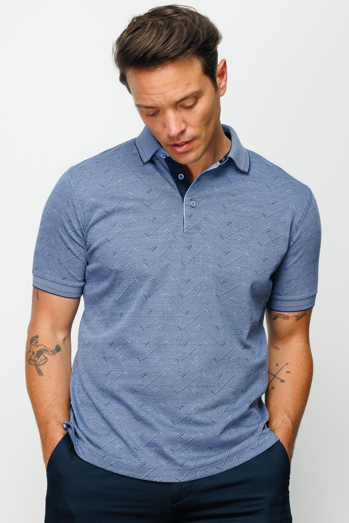 805Erkek Polo Yaka Jakarlı Düğmeli T-shirt Lacivert
