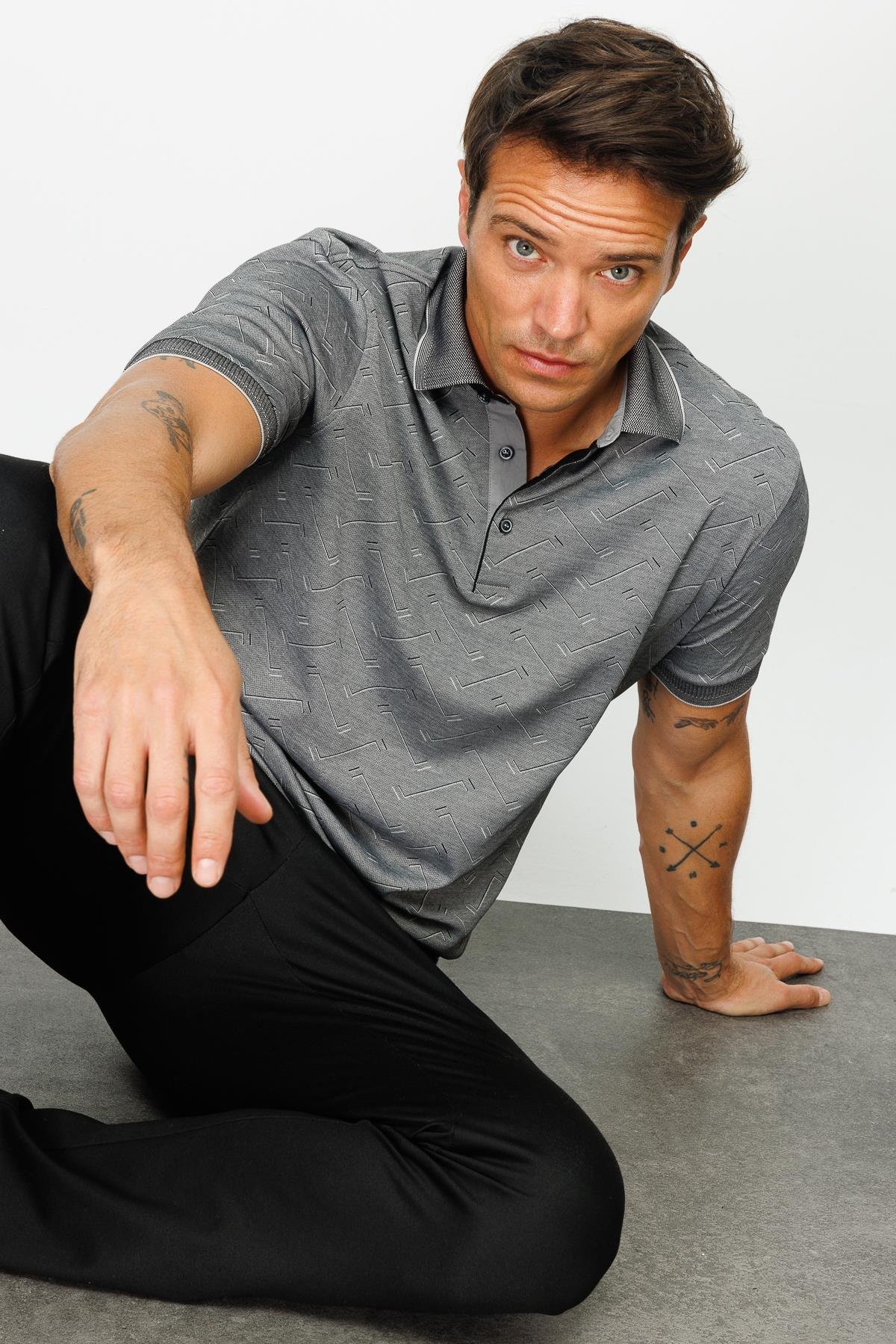 805Erkek Polo Yaka Jakarlı Düğmeli T-shirt Siyah