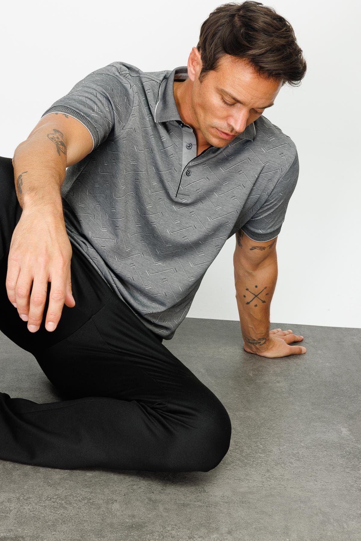 805Erkek Polo Yaka Jakarlı Düğmeli T-shirt Siyah