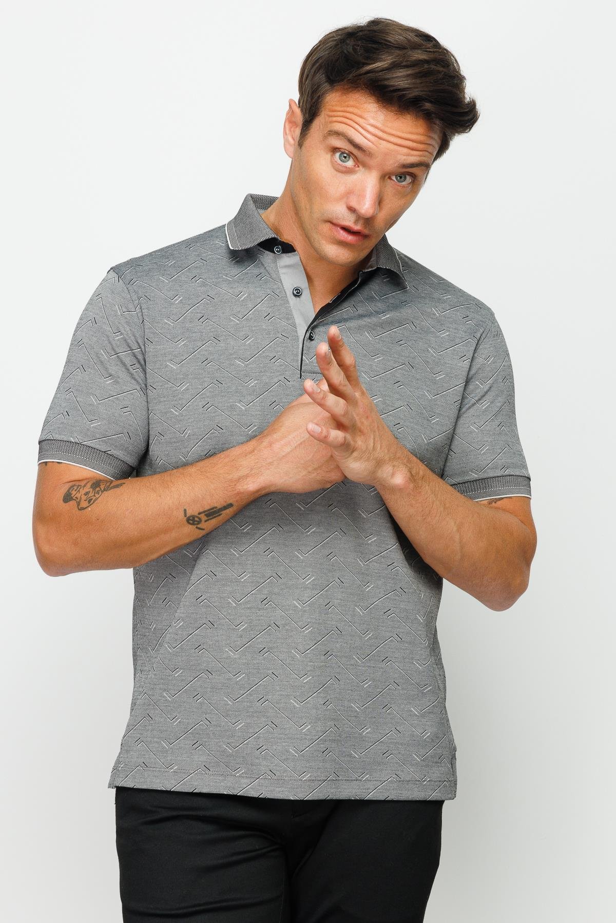 805Erkek Polo Yaka Jakarlı Düğmeli T-shirt Siyah