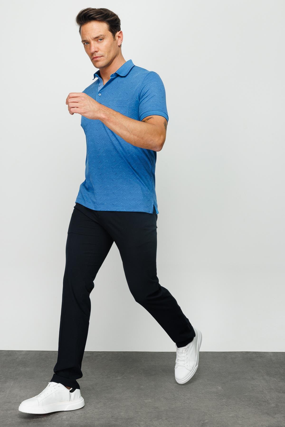 805Erkek Polo Yaka Jakarlı Düğmeli T-shirt Saks