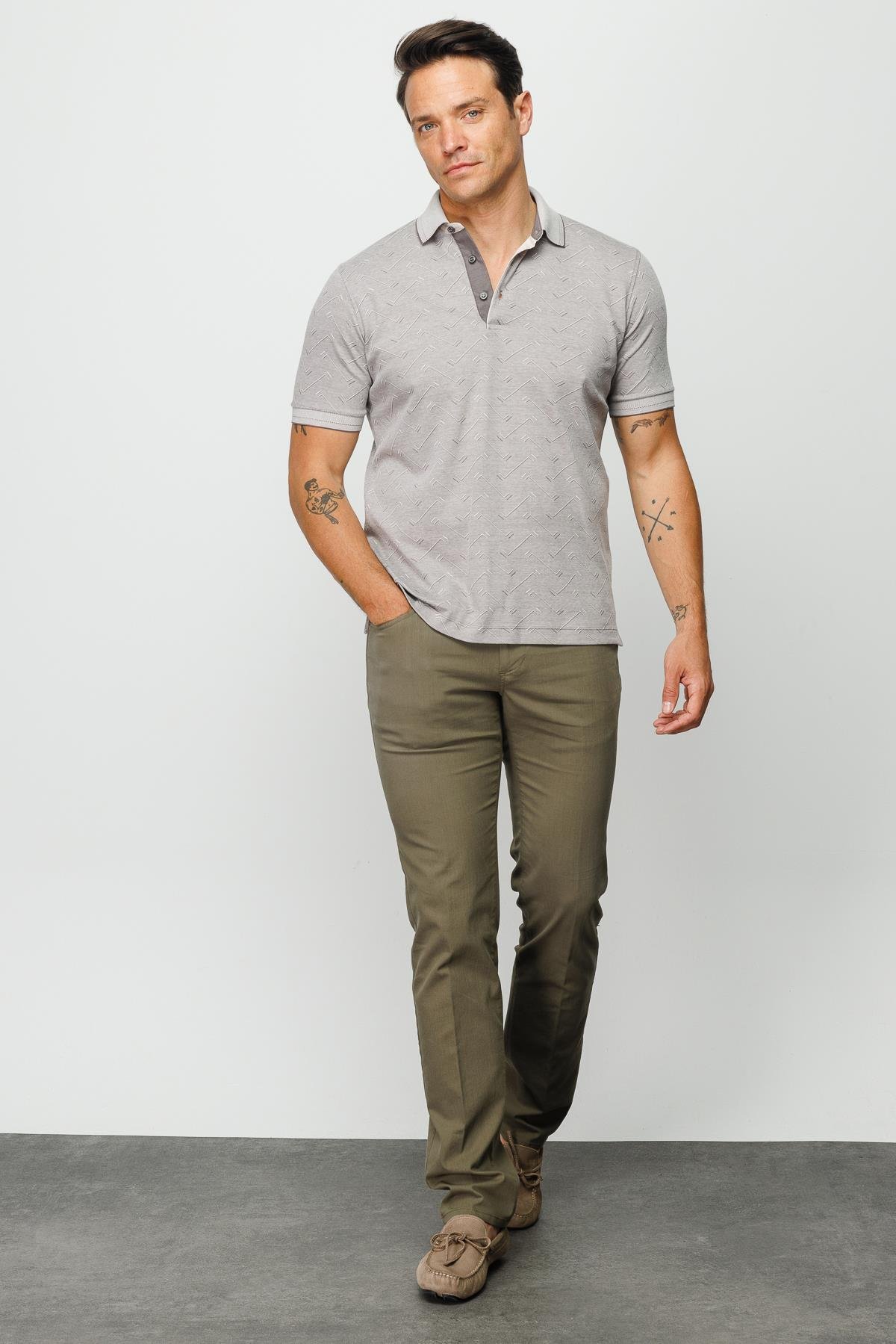 805Erkek Polo Yaka Jakarlı Düğmeli T-shirt Bej