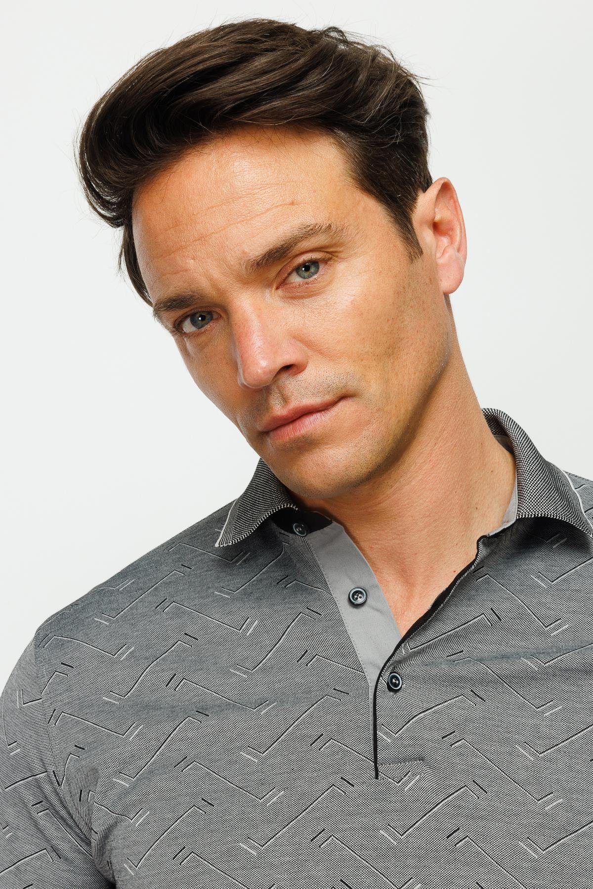 805Erkek Polo Yaka Jakarlı Düğmeli T-shirt Siyah