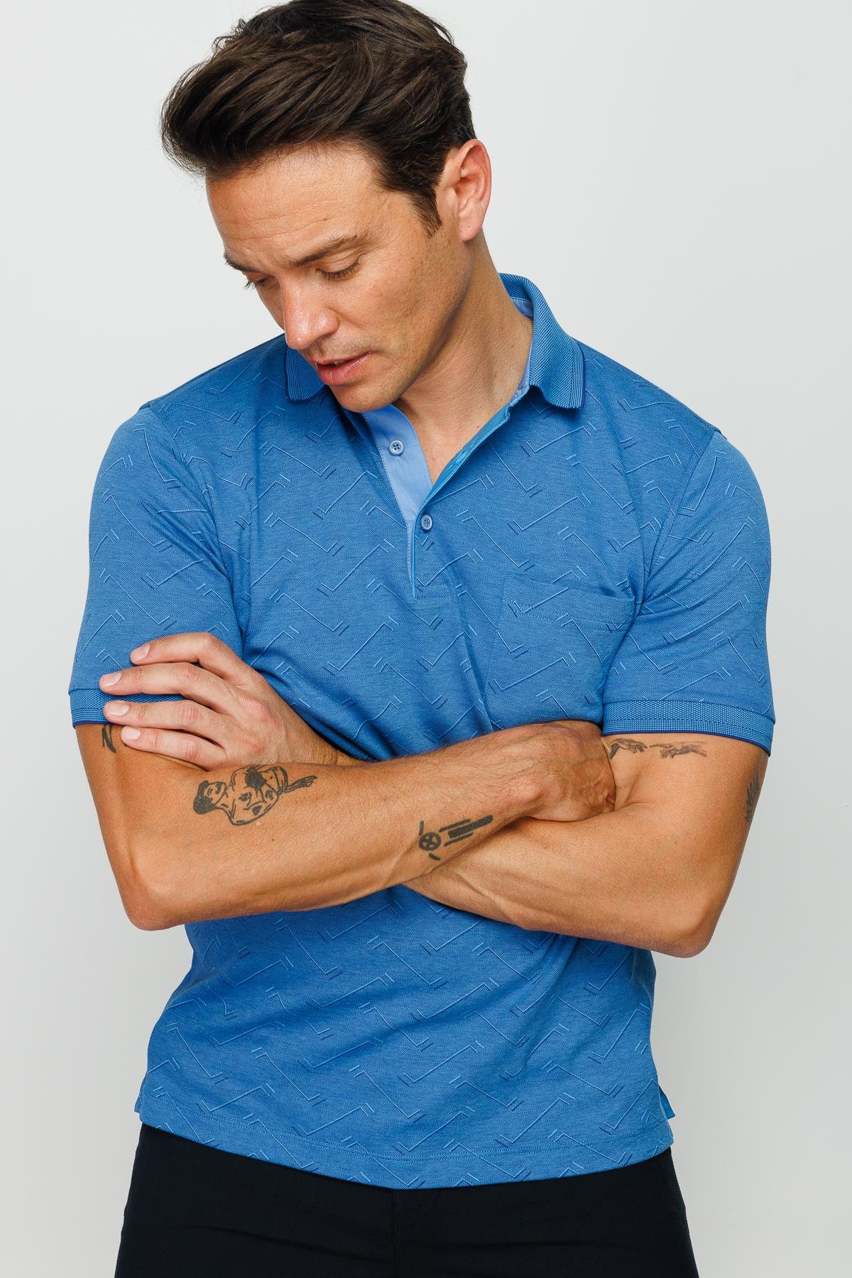 805Erkek Polo Yaka Jakarlı Düğmeli T-shirt Saks