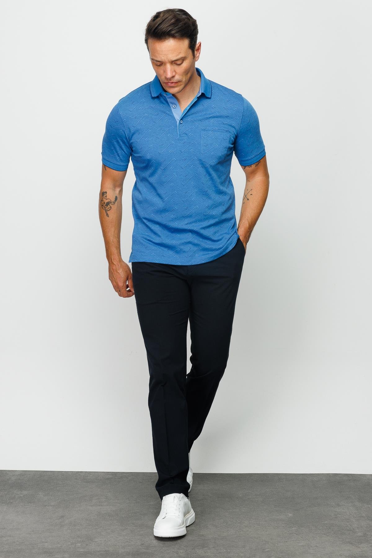 805Erkek Polo Yaka Jakarlı Düğmeli T-shirt Saks