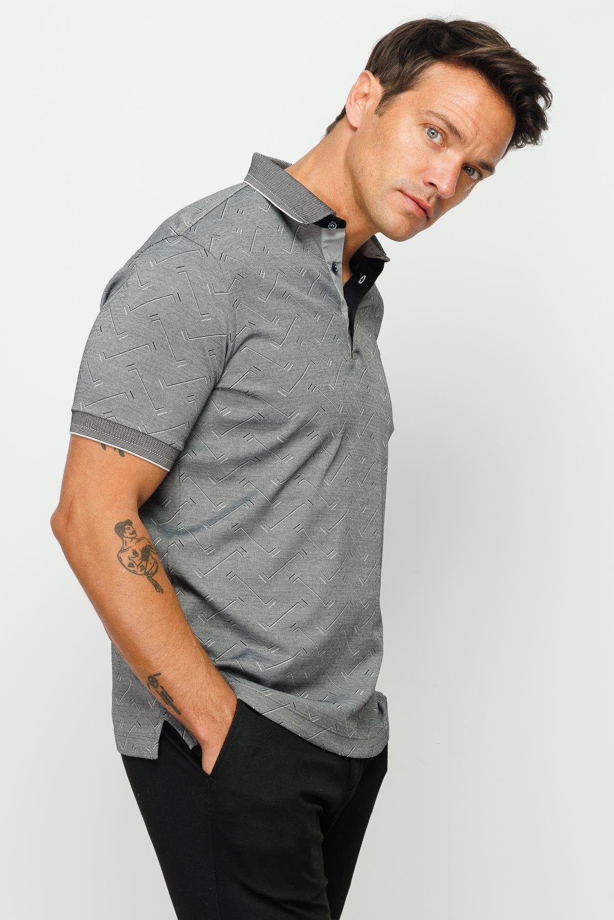 805Erkek Polo Yaka Jakarlı Düğmeli T-shirt Siyah
