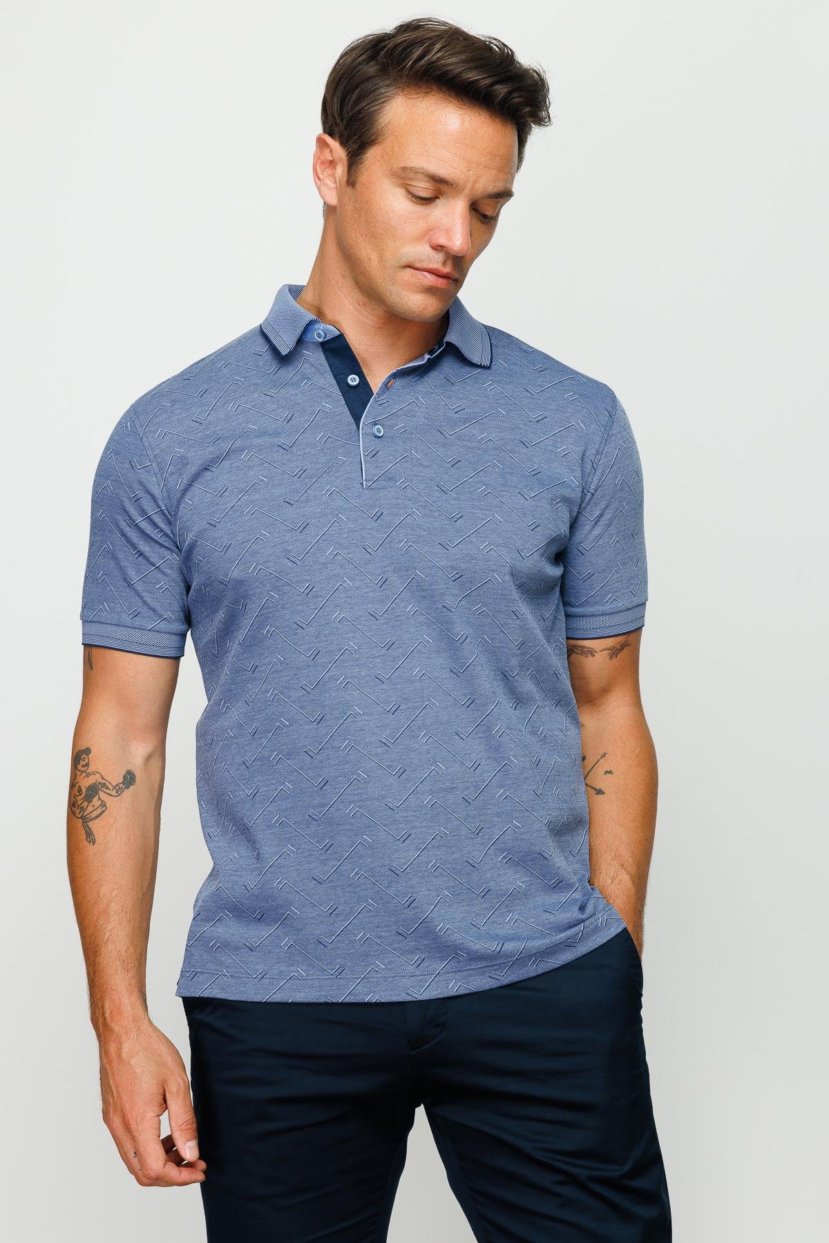 805Erkek Polo Yaka Jakarlı Düğmeli T-shirt Lacivert