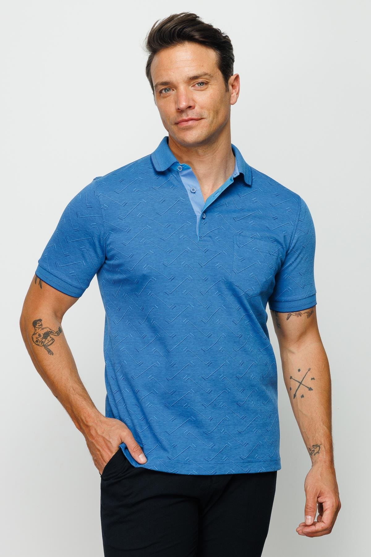 805Erkek Polo Yaka Jakarlı Düğmeli T-shirt Saks