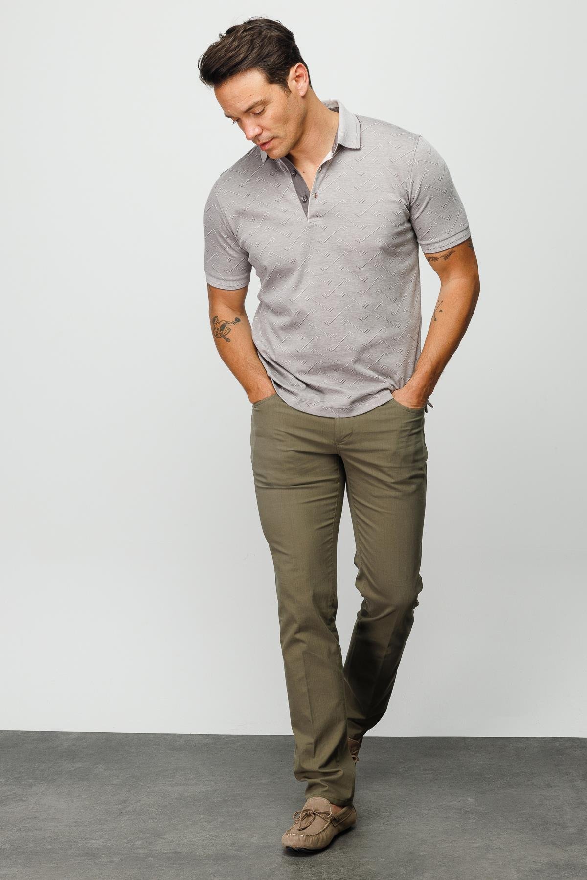 805Erkek Polo Yaka Jakarlı Düğmeli T-shirt Bej