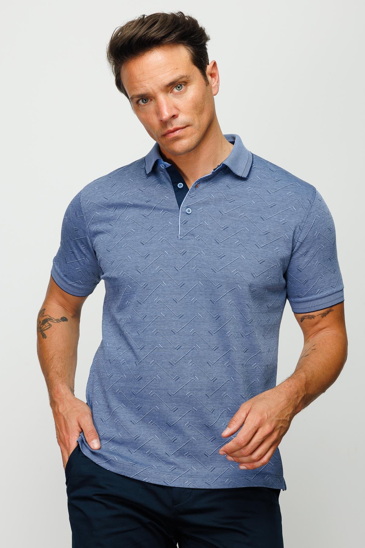 805Erkek Polo Yaka Jakarlı Düğmeli T-shirt Lacivert