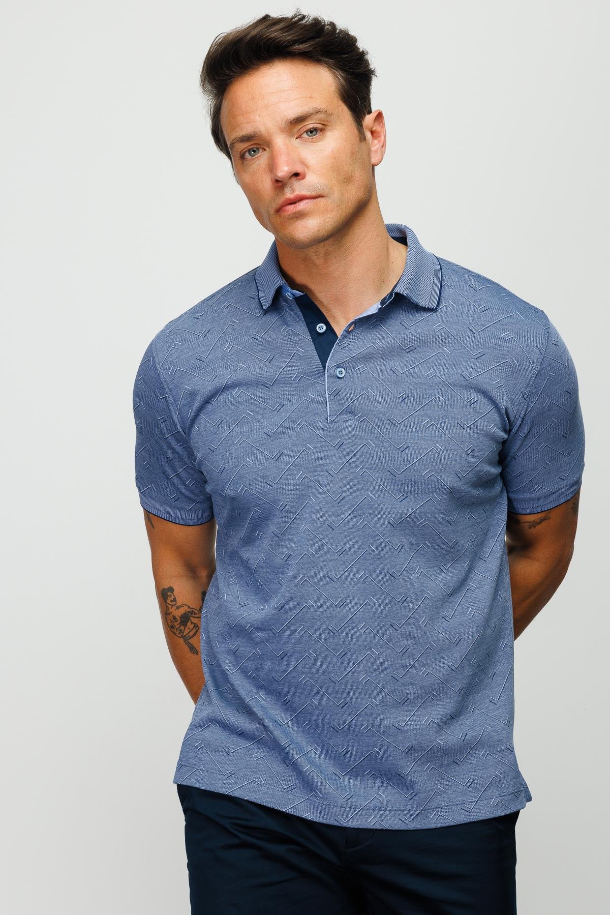 805Erkek Polo Yaka Jakarlı Düğmeli T-shirt Lacivert