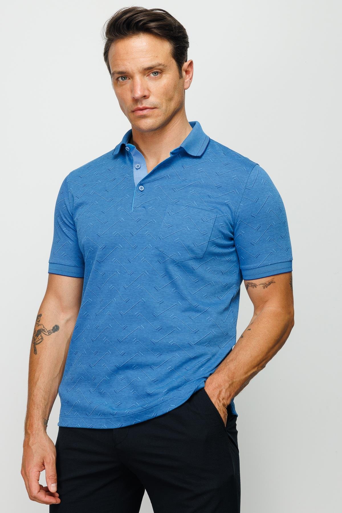 805Erkek Polo Yaka Jakarlı Düğmeli T-shirt Saks