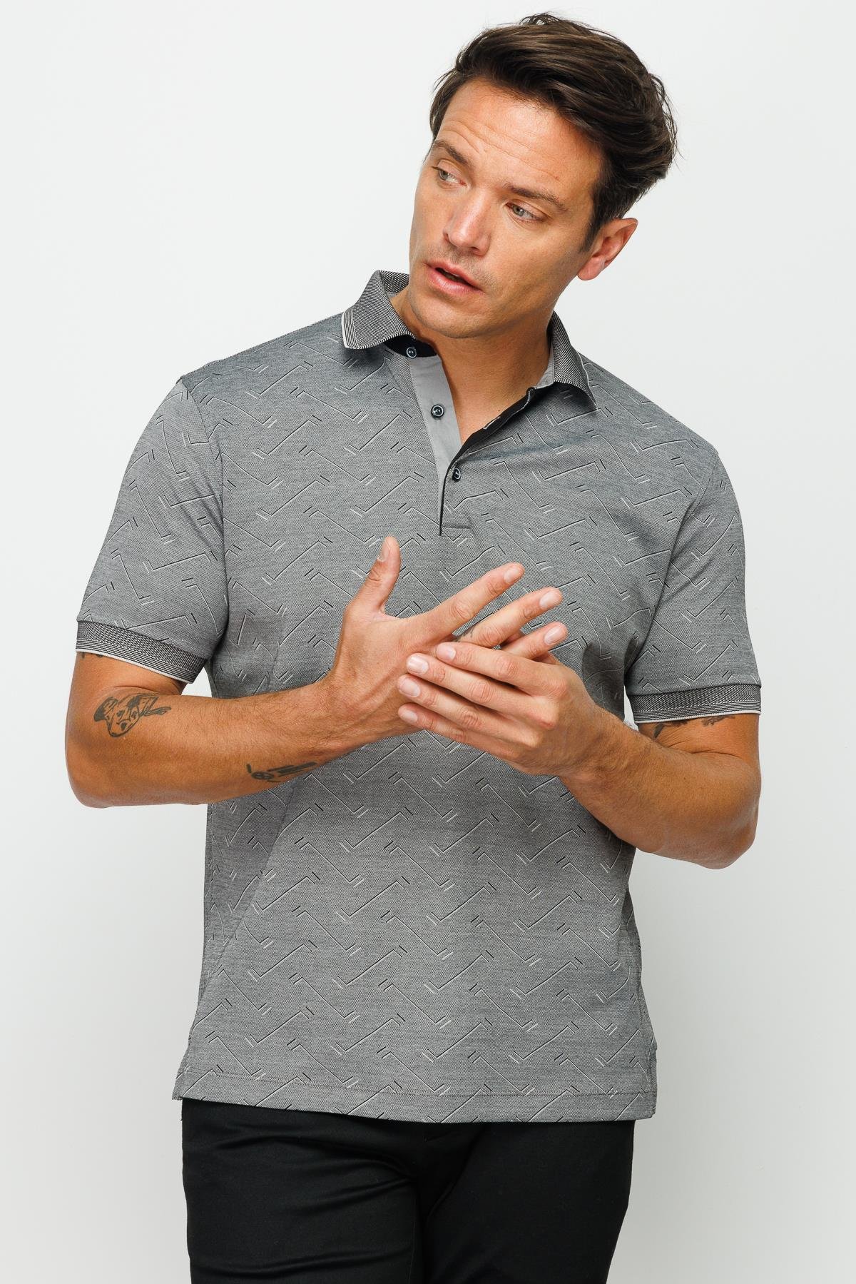 805Erkek Polo Yaka Jakarlı Düğmeli T-shirt Siyah