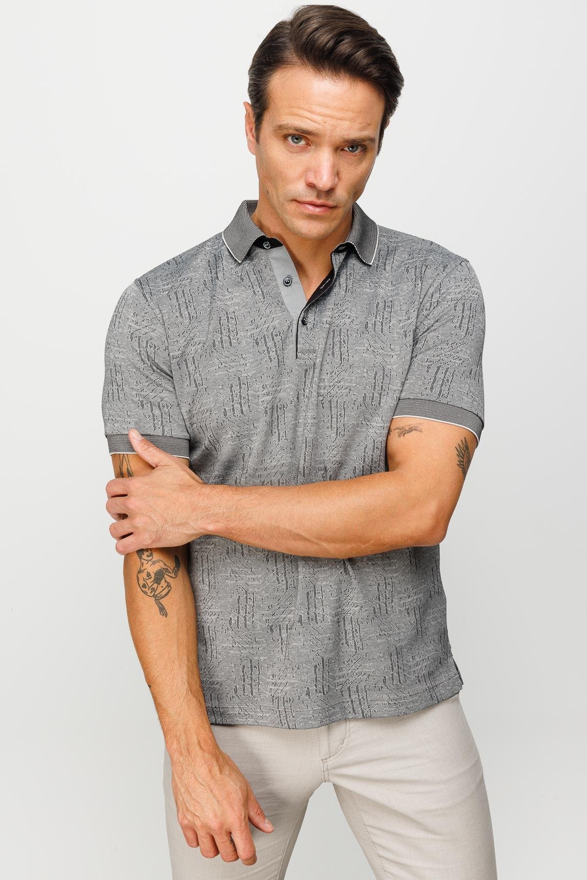 810Erkek Polo Yaka Jakarlı Kısa Kollu T-shirt Siyah