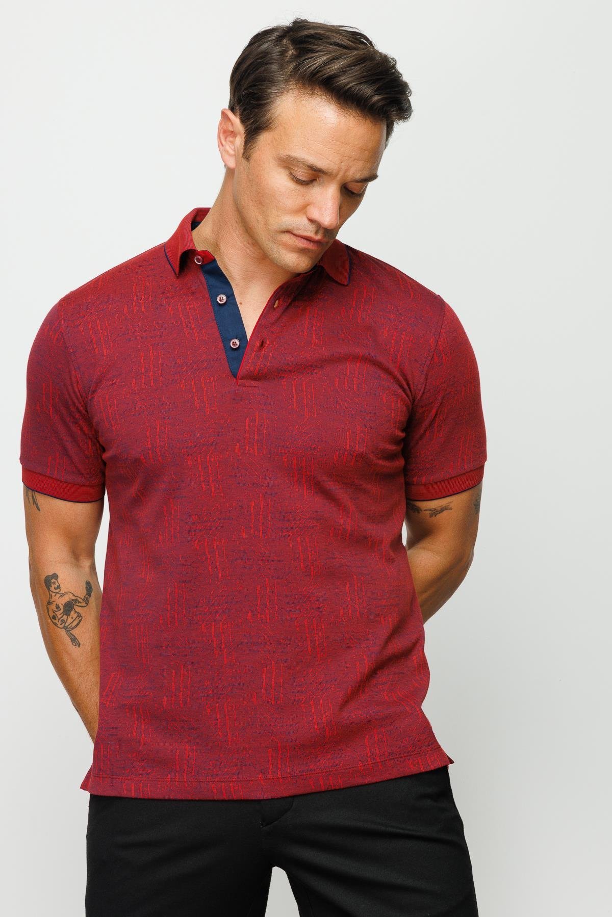 810Erkek Polo Yaka Jakarlı Kısa Kollu T-shirt Bordo
