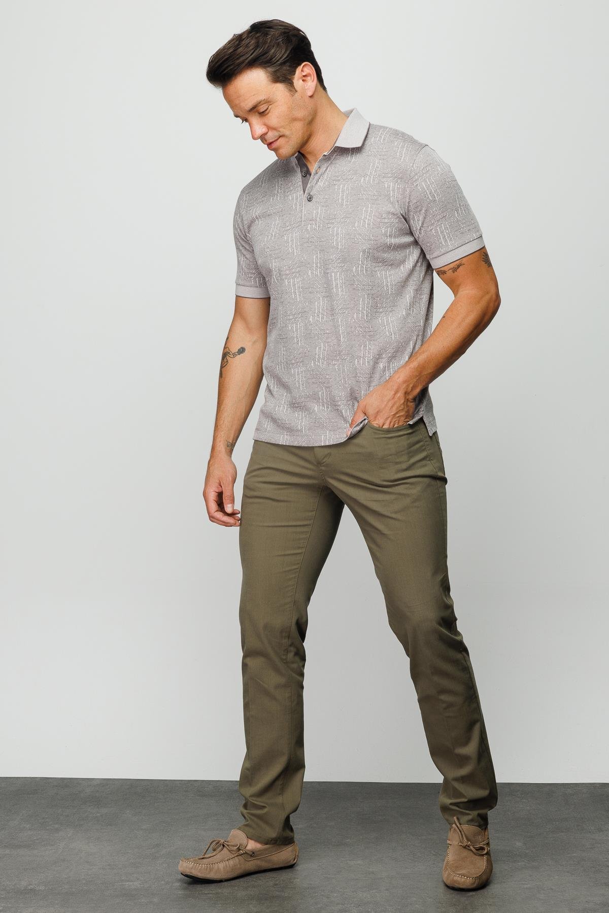 810Erkek Polo Yaka Jakarlı Kısa Kollu T-shirt Bej