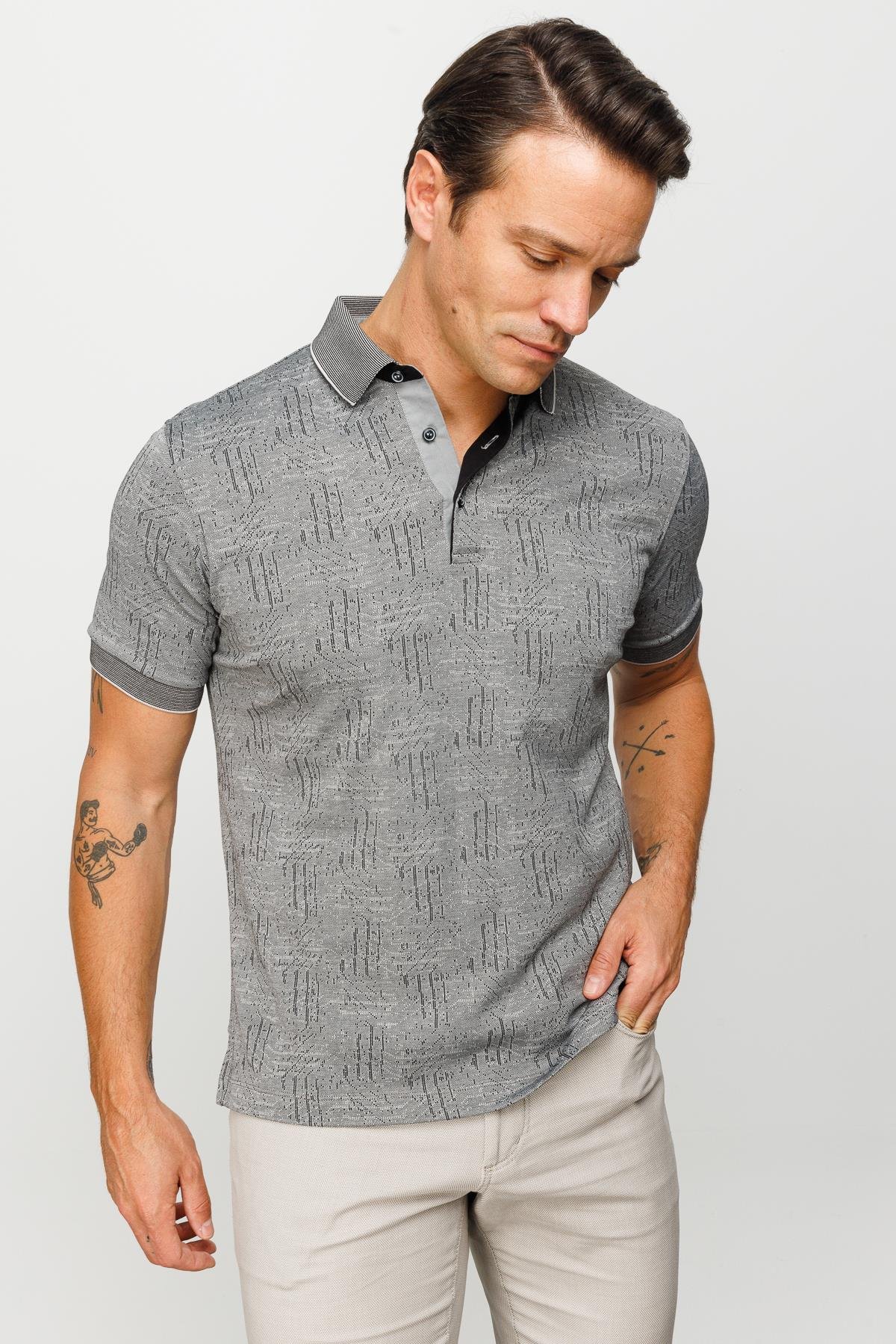 810Erkek Polo Yaka Jakarlı Kısa Kollu T-shirt Siyah