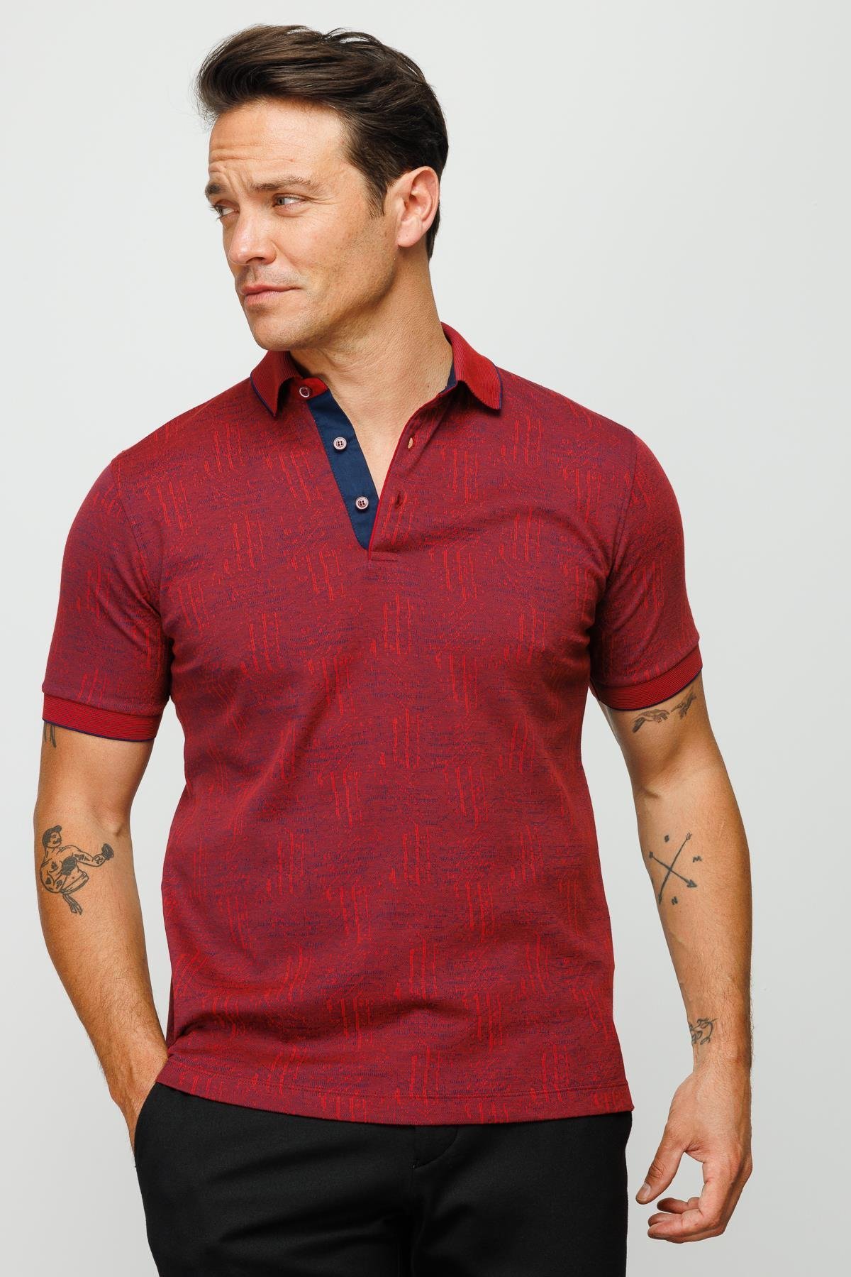 810Erkek Polo Yaka Jakarlı Kısa Kollu T-shirt Bordo