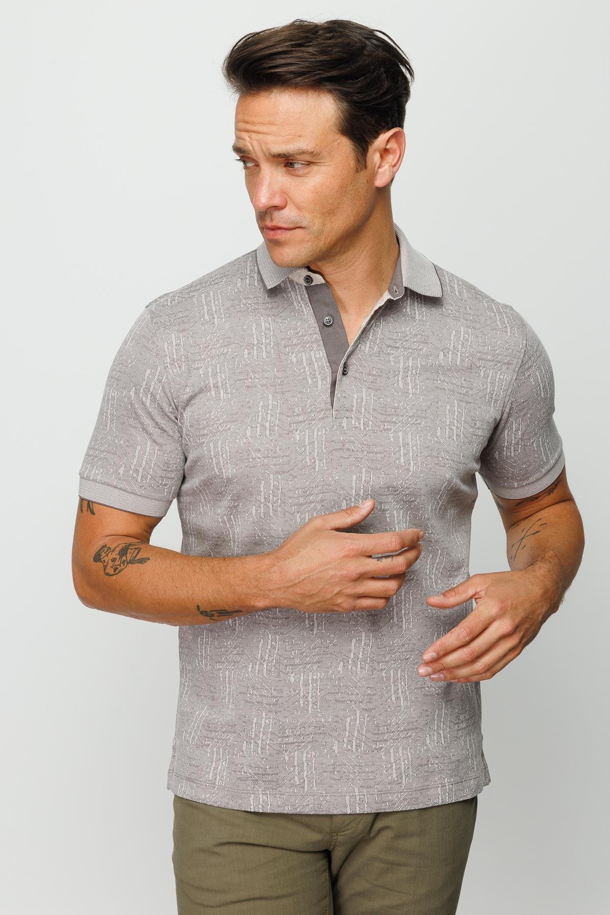 810Erkek Polo Yaka Jakarlı Kısa Kollu T-shirt Bej