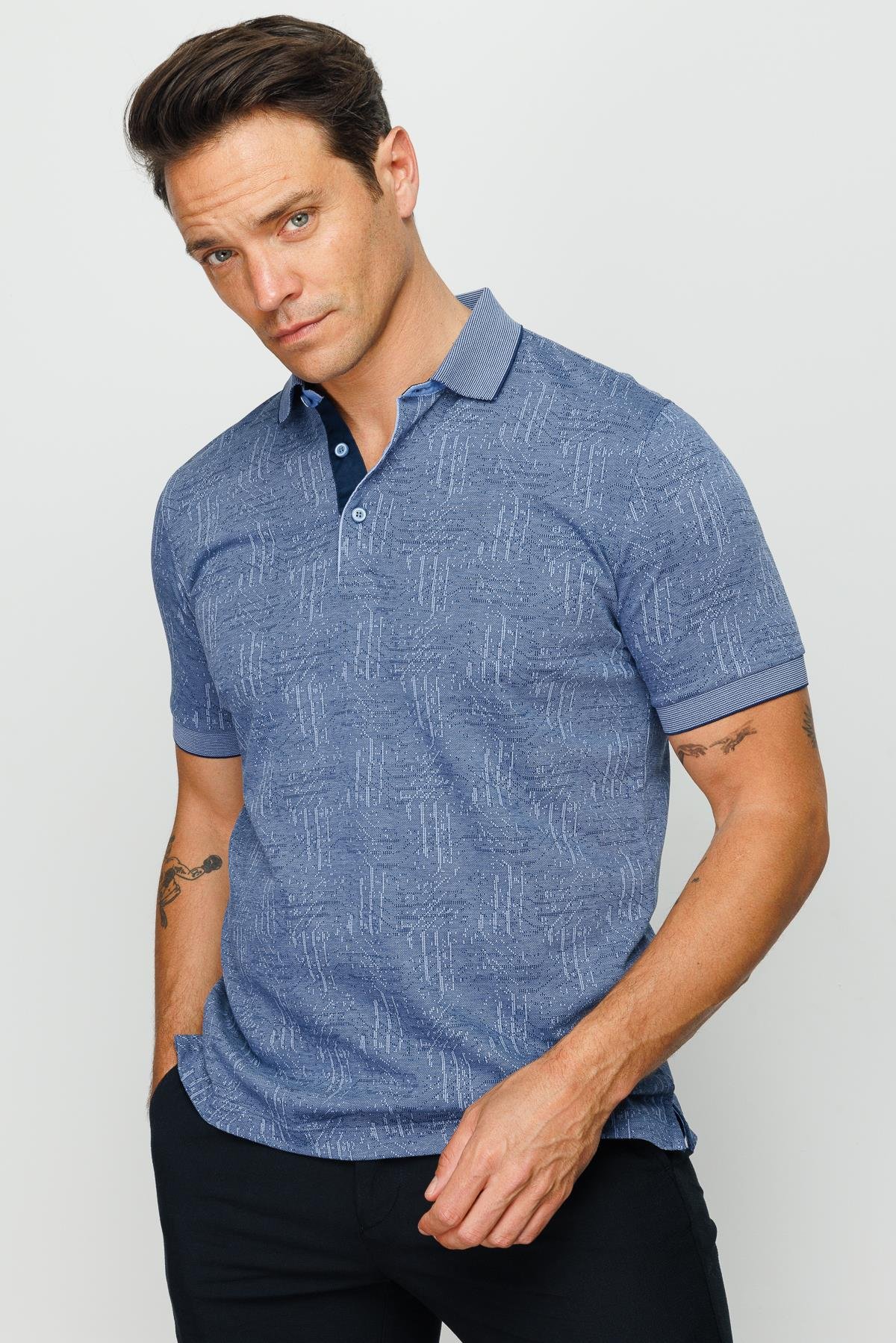 810Erkek Polo Yaka Jakarlı Kısa Kollu T-shirt Lacivert