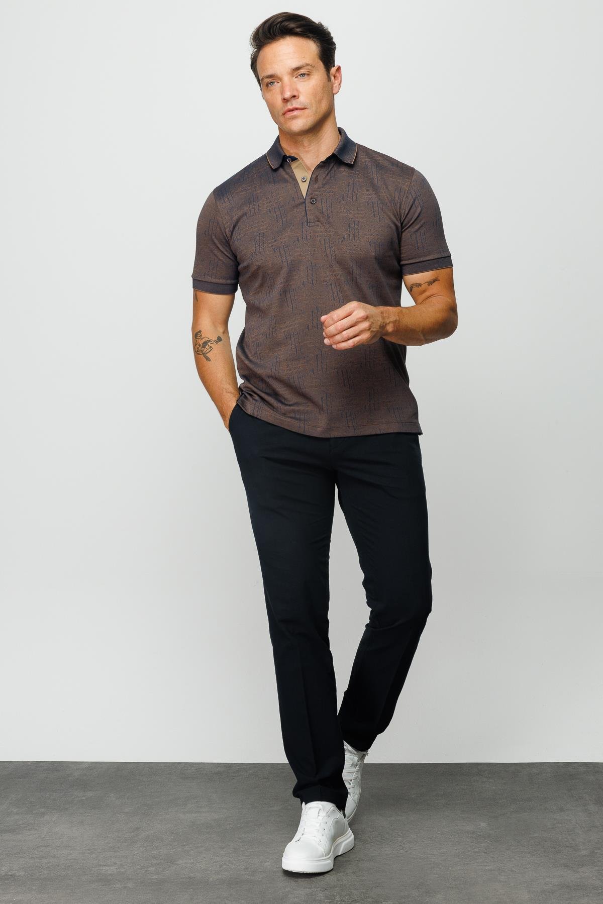 810Erkek Polo Yaka Jakarlı Kısa Kollu T-shirt Kahve