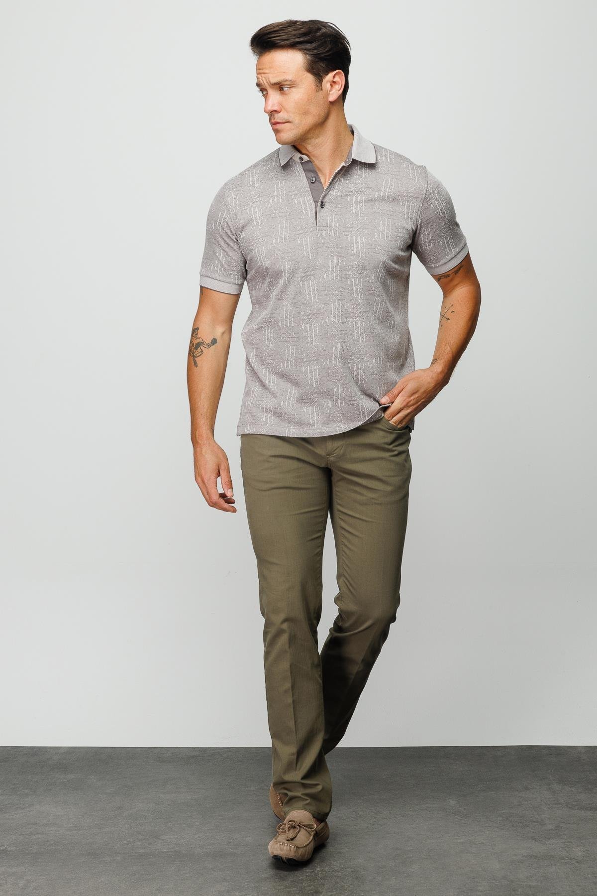 810Erkek Polo Yaka Jakarlı Kısa Kollu T-shirt Bej