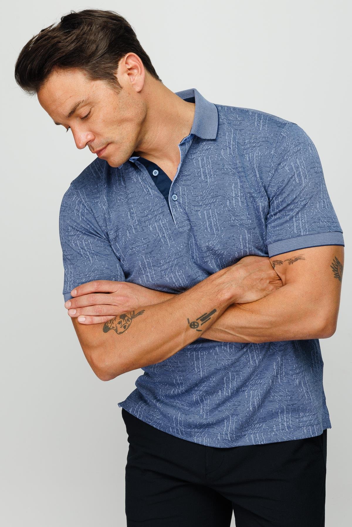 810Erkek Polo Yaka Jakarlı Kısa Kollu T-shirt Lacivert