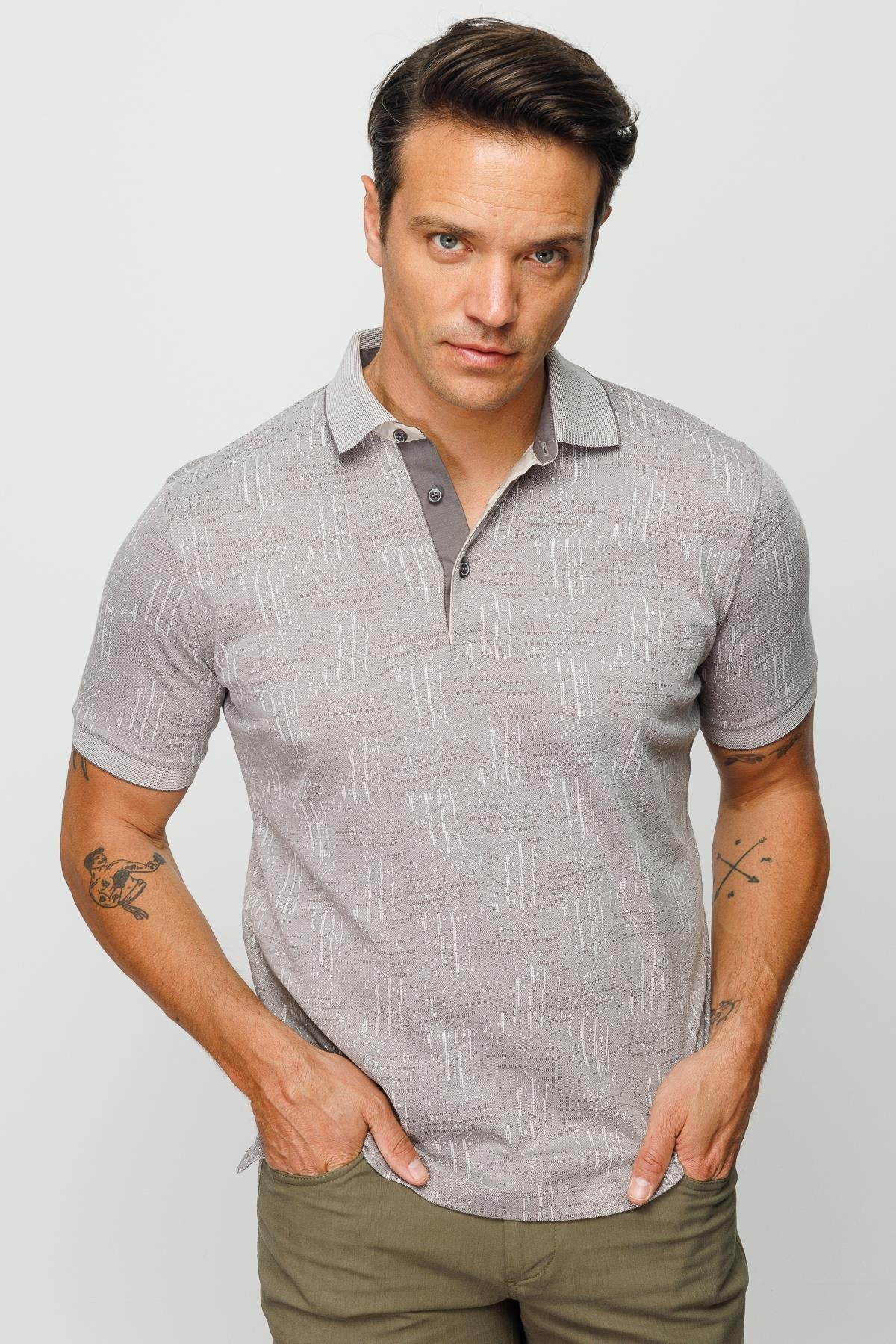 810Erkek Polo Yaka Jakarlı Kısa Kollu T-shirt Bej