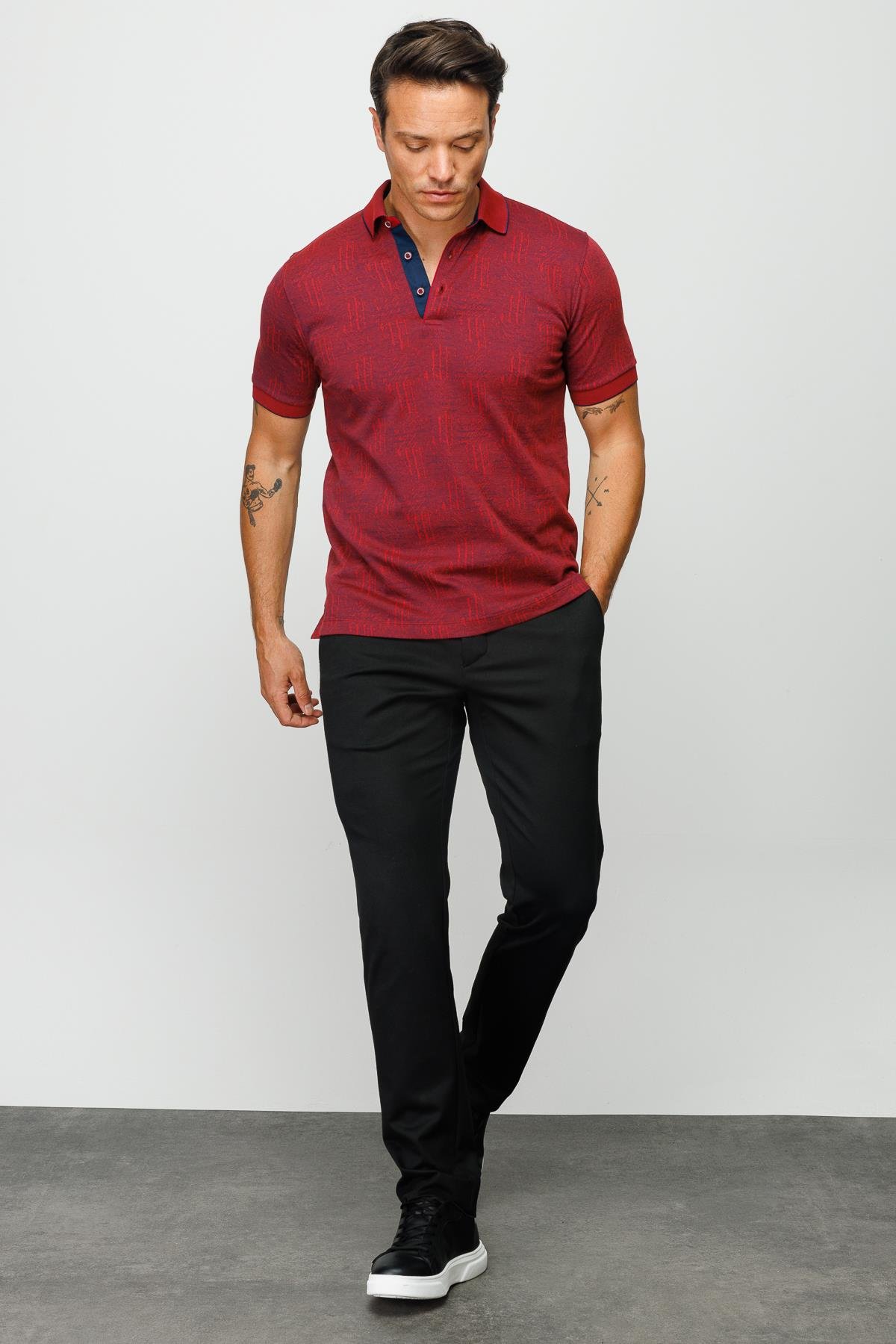 810Erkek Polo Yaka Jakarlı Kısa Kollu T-shirt Bordo