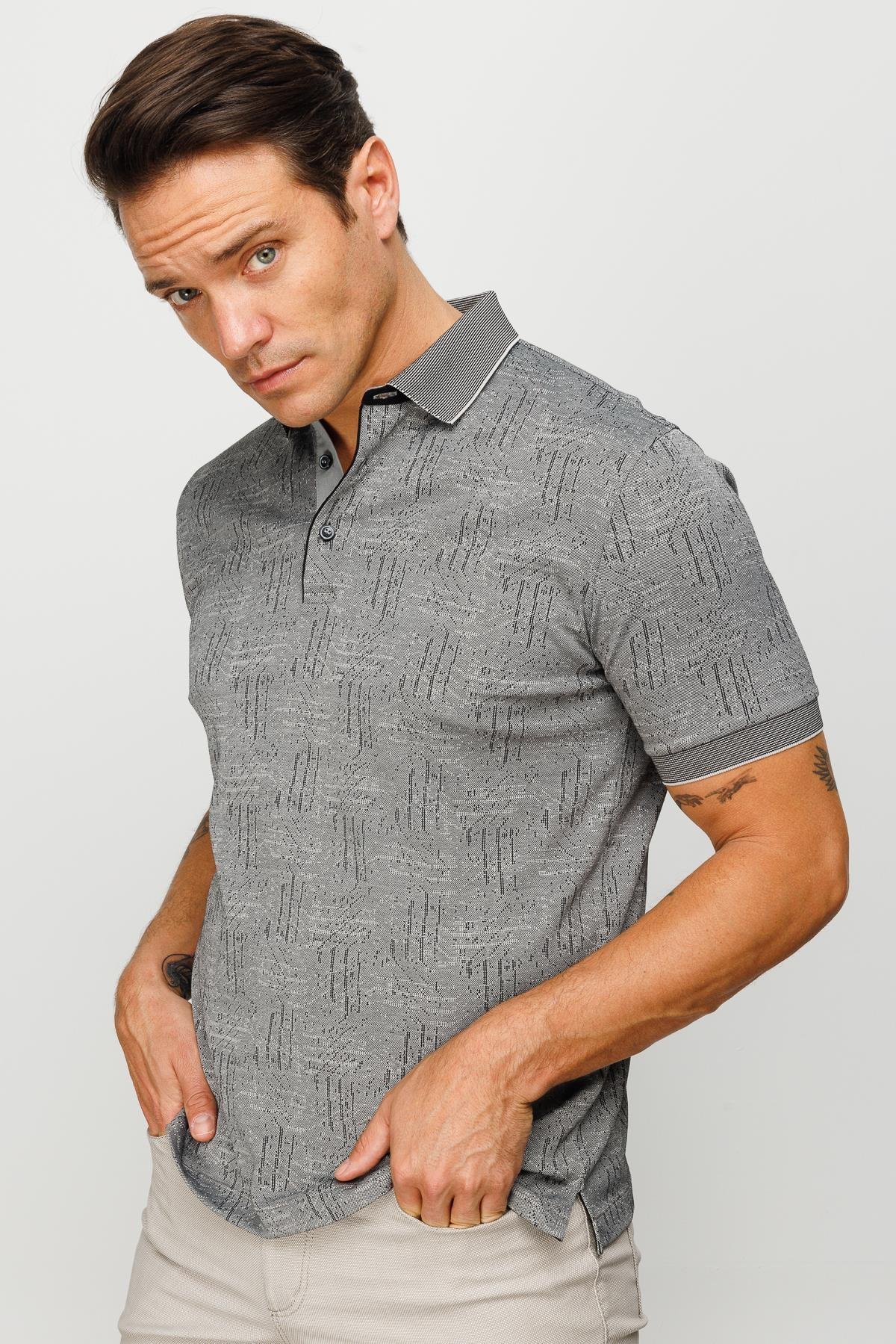 810Erkek Polo Yaka Jakarlı Kısa Kollu T-shirt Siyah