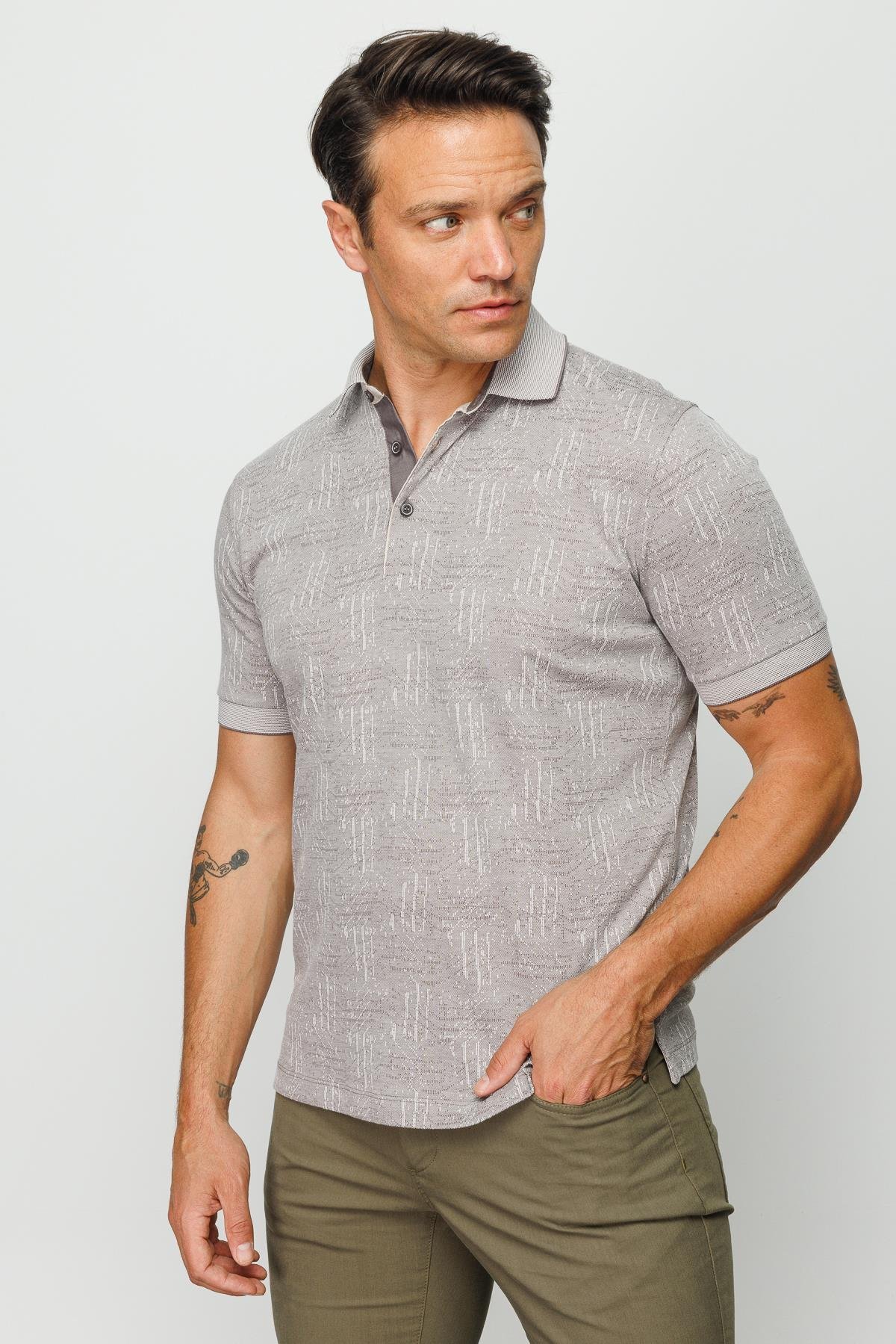 810Erkek Polo Yaka Jakarlı Kısa Kollu T-shirt Bej