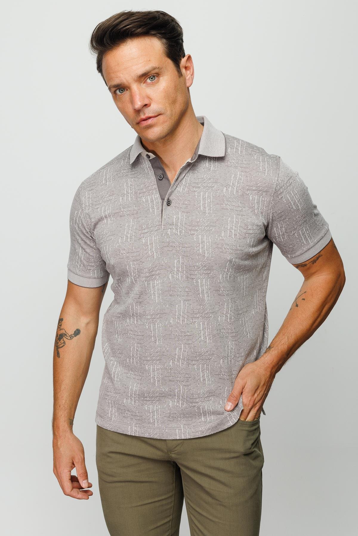 810Erkek Polo Yaka Jakarlı Kısa Kollu T-shirt Bej