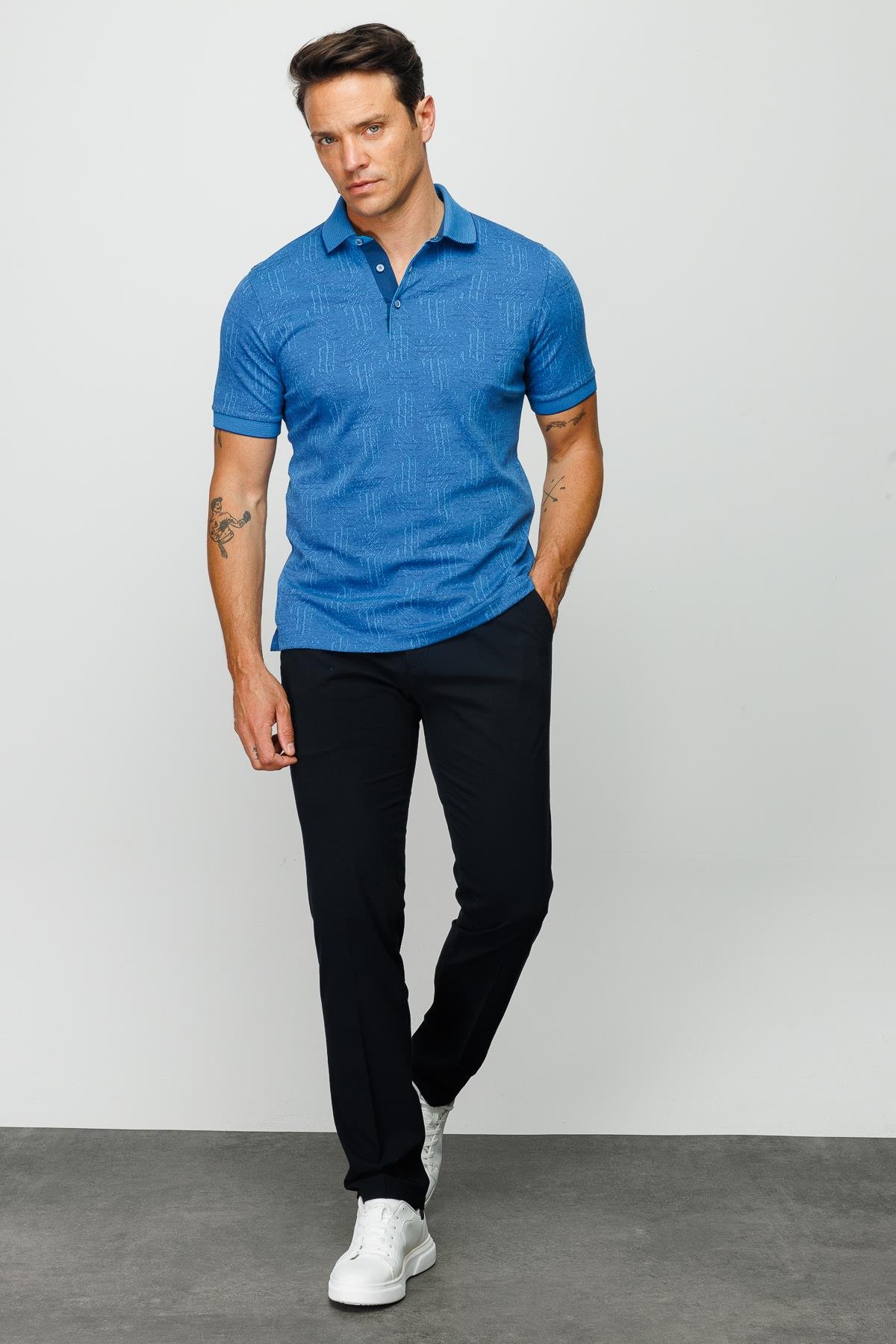 810Erkek Polo Yaka Jakarlı Kısa Kollu T-shirt Saks