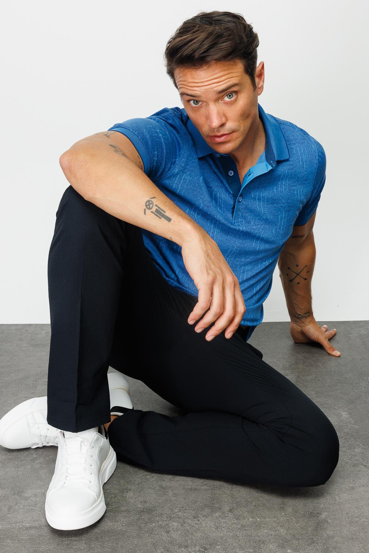 810Erkek Polo Yaka Jakarlı Kısa Kollu T-shirt Saks