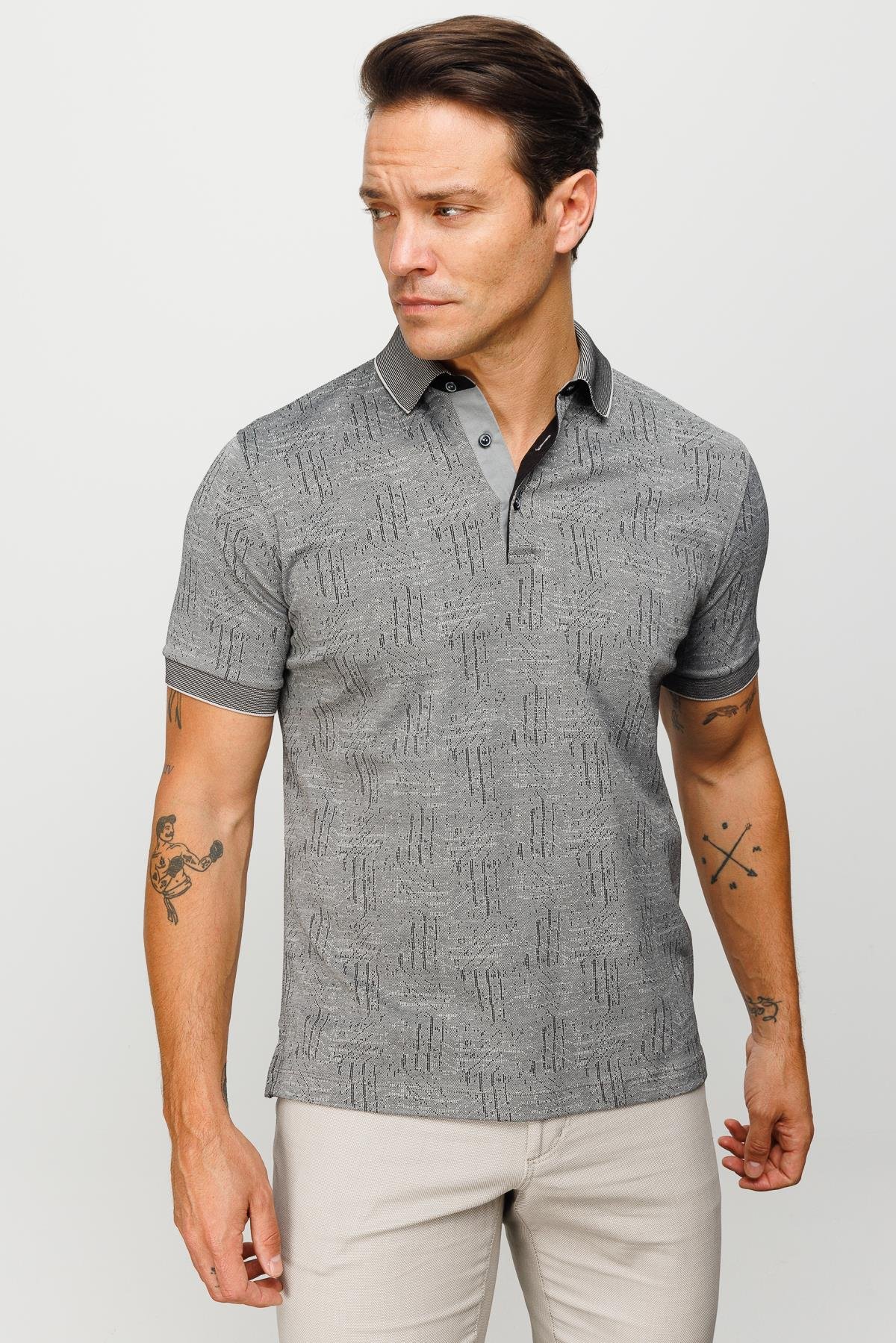 810Erkek Polo Yaka Jakarlı Kısa Kollu T-shirt Siyah