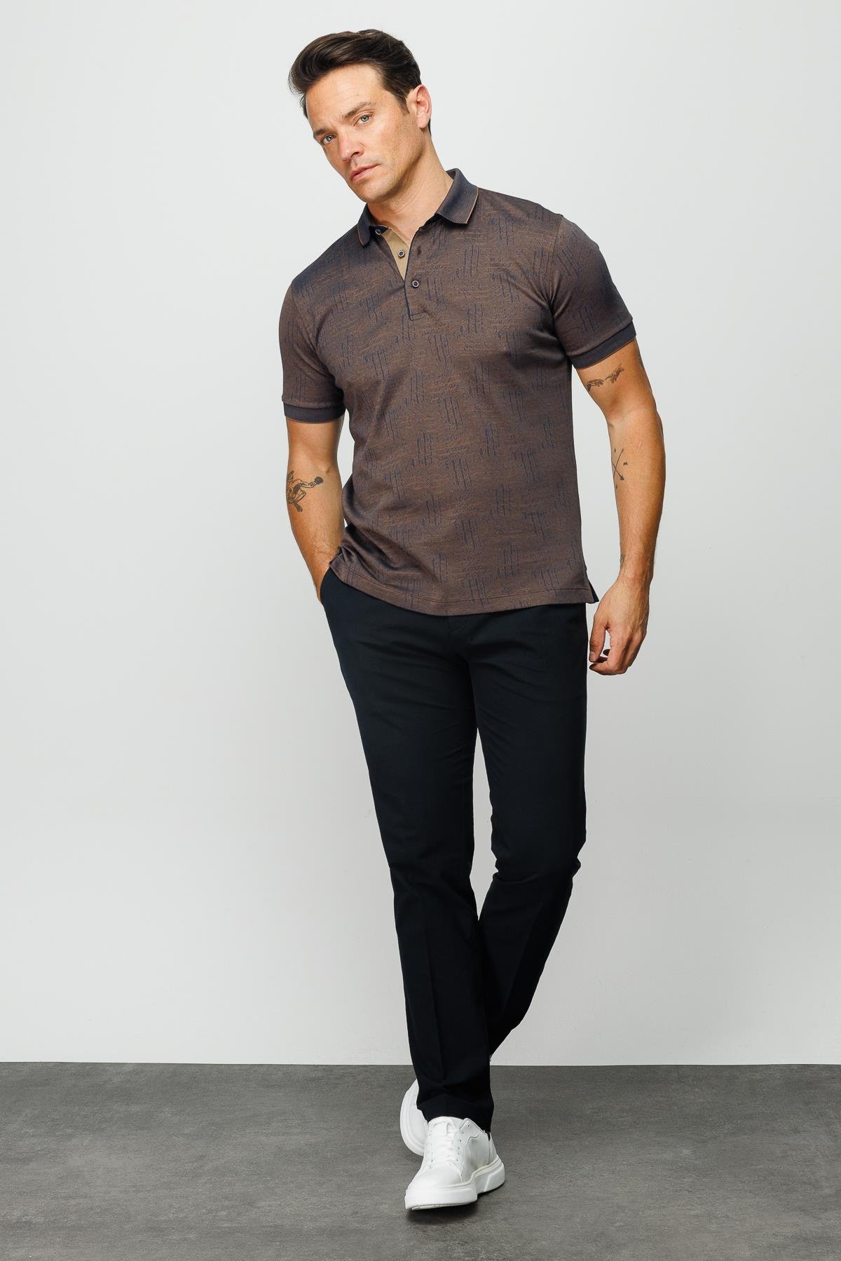 810Erkek Polo Yaka Jakarlı Kısa Kollu T-shirt Kahve